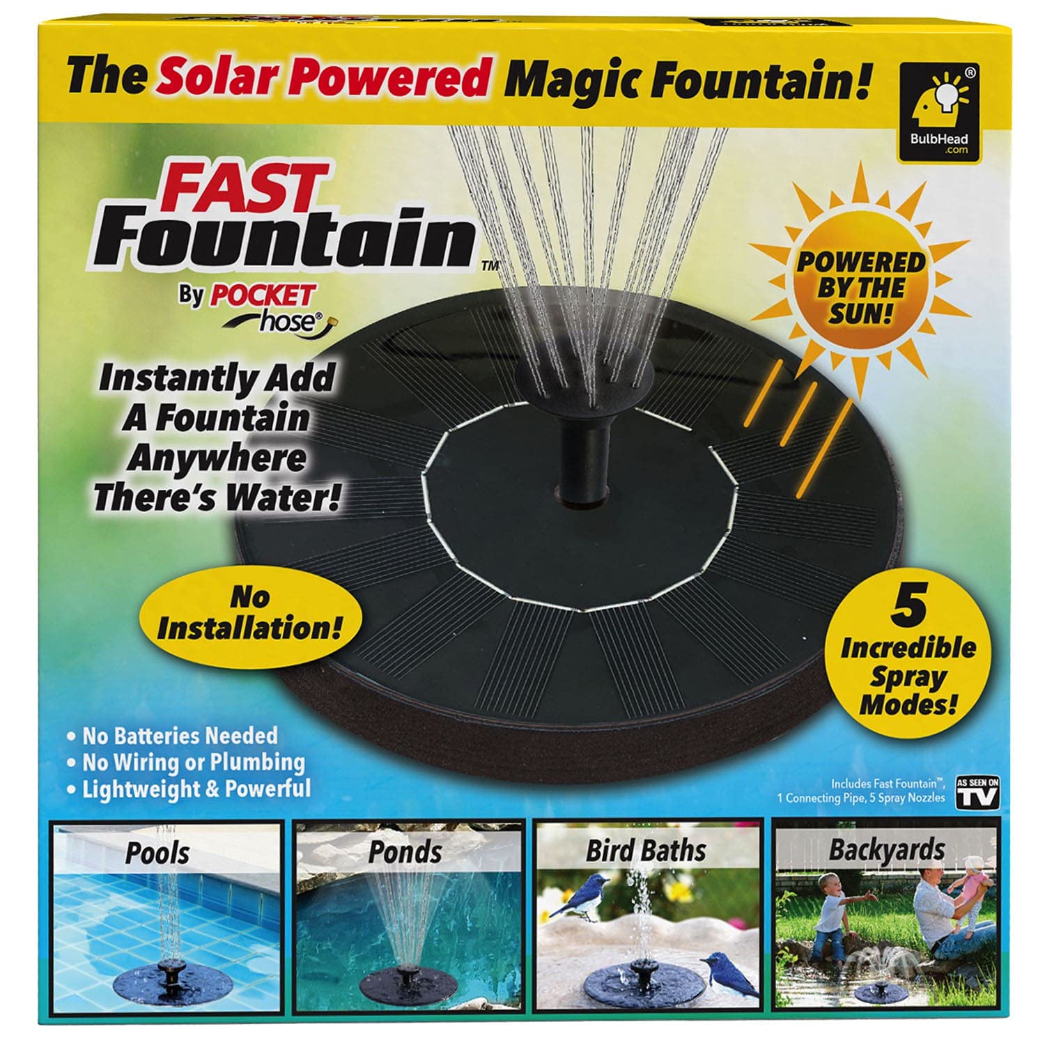 Original Fast Fountain by Pocket Hose - No Installation or Batteries Required, 5 Spray Modes for Outdoor Gardens, Patios & Lawn Watering (As Seen On TV)