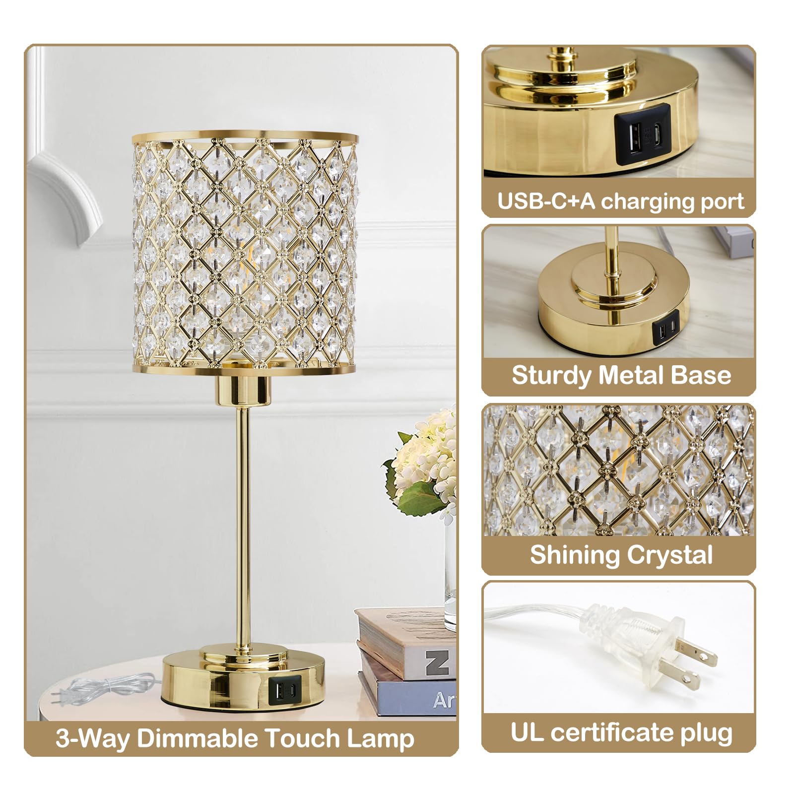 GyroVu Crystal Table Lamp - Touch Control with 2 USB Ports, 3-Way Dimmable Bedside Lamp with Included Bulb, Modern Nightstand Light for Bedroom & Living Room (Gold) | Perfect for Reading, Relaxing & Decorating Your Home