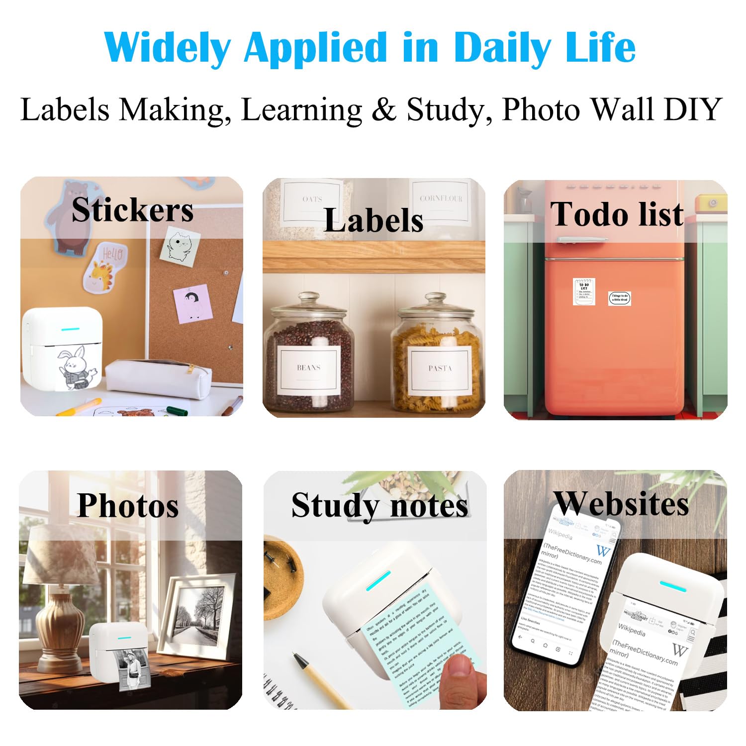 Mini Portable Inkless Thermal Printer - Wireless Sticker & Label Maker for Notes, Photos, Receipts | Includes 12 Rolls Paper | iPhone, Android, Tablet Compatible | Perfect for Home, Office & Travel Organization (White)