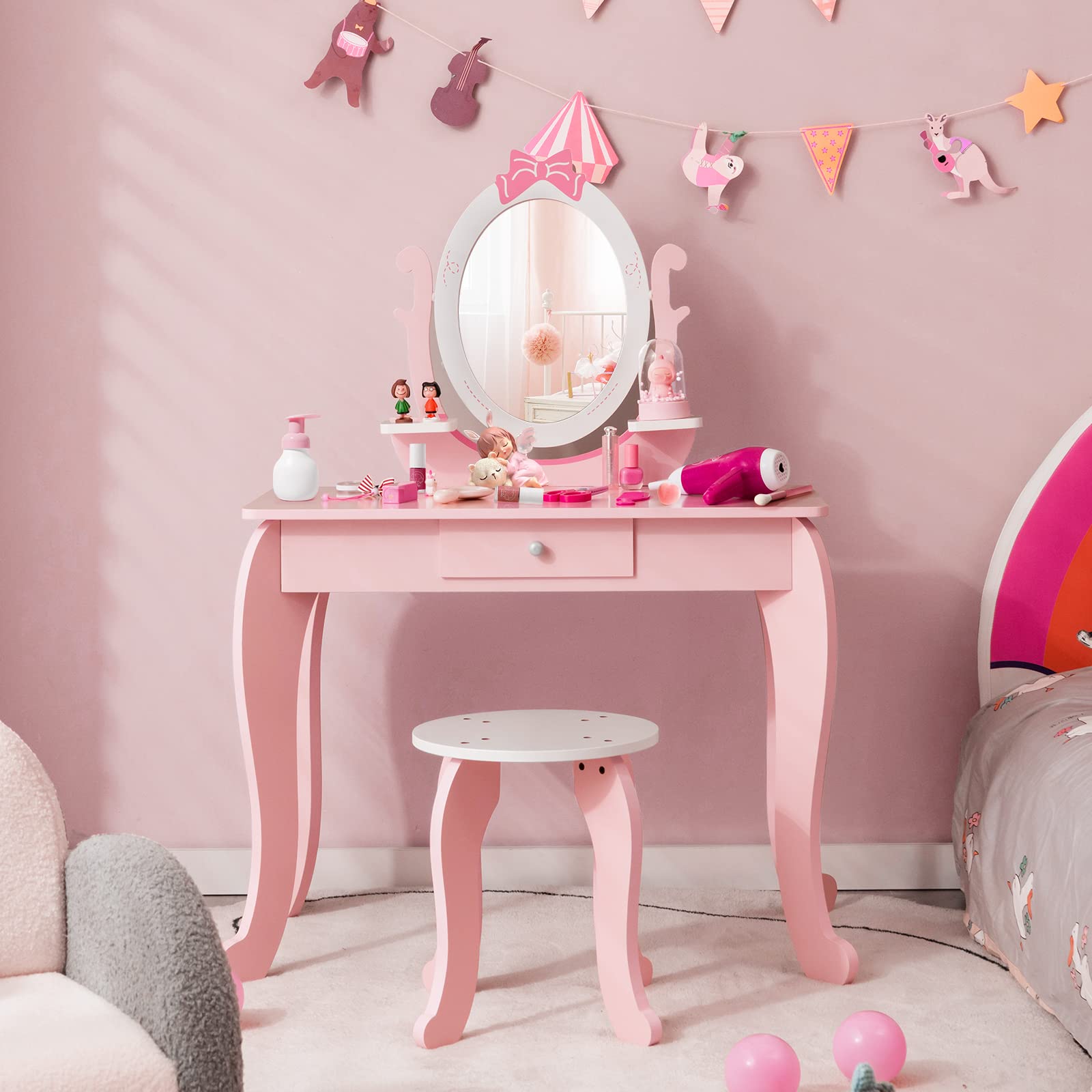 KOTEK 2-in-1 Kids Vanity with Rotating Mirror - Princess Dressing Table for Girls 3-7 - Playroom Decor