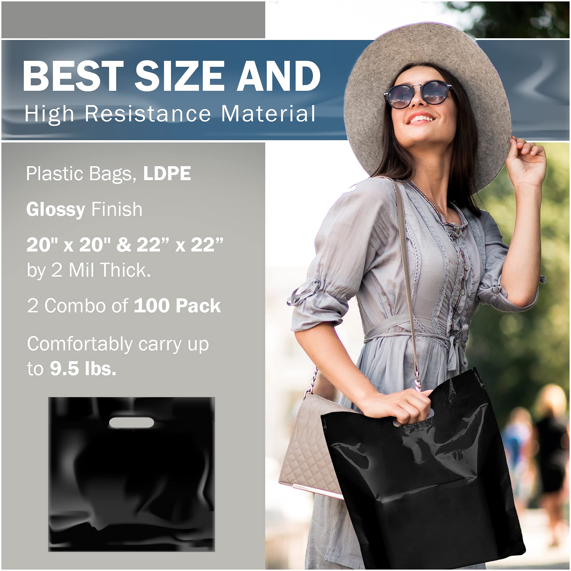 100 Pack Extra Large 20x20 & 22x22 Plastic Shopping Bags - 2 Mil Thick Retail Bags with Die-Cut Handles | Ideal for Toys, Clothes, Electronics & Large Merchandise | 100% Recyclable | Perfect for Retail Stores, Boutiques & Gift Packaging