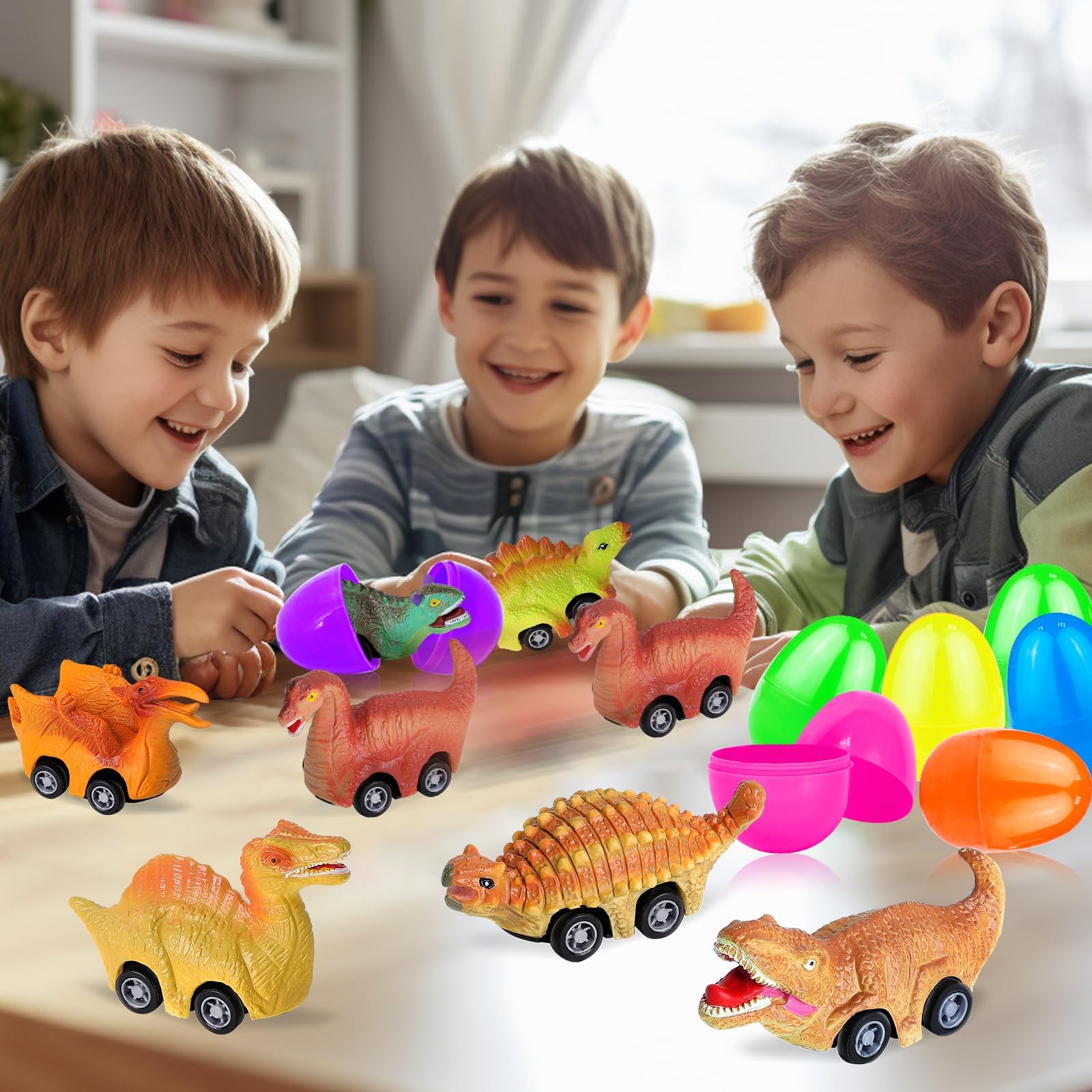 8 Pack Easter Eggs with Pull Back Dinosaur Cars - Fun Dinosaur Toys Inside for Kids & Toddlers - Perfect for Easter Basket Stuffers, Classroom Prizes, Easter Egg Hunts & Birthday Party Favors