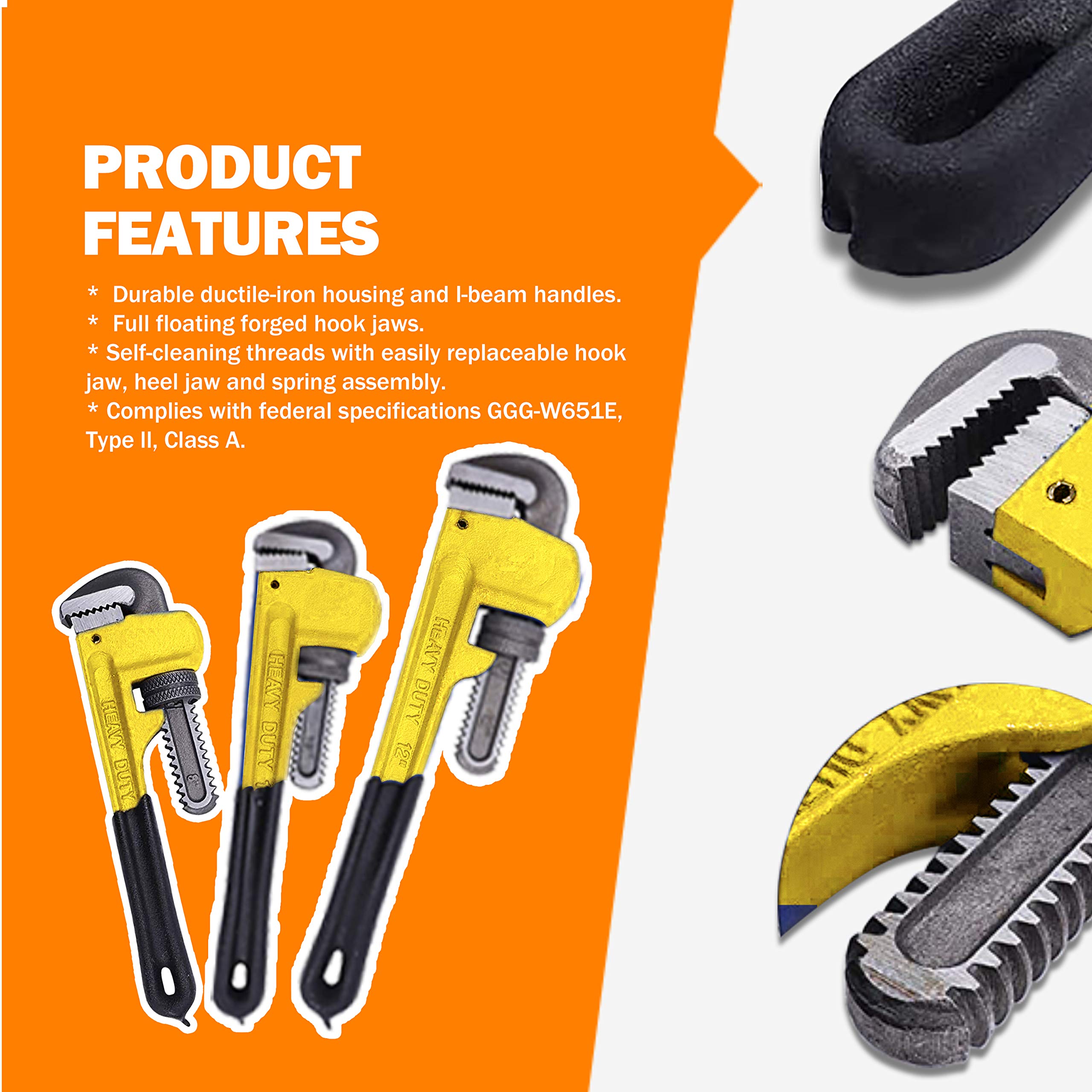KOTTO Heavy Duty Adjustable Pipe Wrench Set - 3 Pack (8, 10, 12 Inch) with Storage Bag - Professional Plumbing Tools for Home Repair & Maintenance - Perfect for DIY Projects, Pipe Fittings, and Plumbing Installations