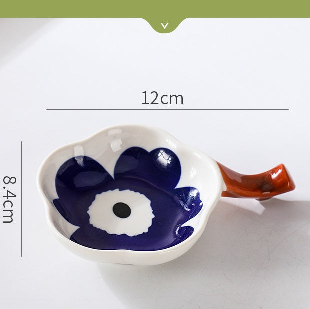 Floral Condiments Dish with Chopsticks Rest - Elegant Ceramic Soy Sauce Plate for Sushi, Dumplings & Asian Cuisine - Perfect for Dining Table, Kitchen & Party Serving