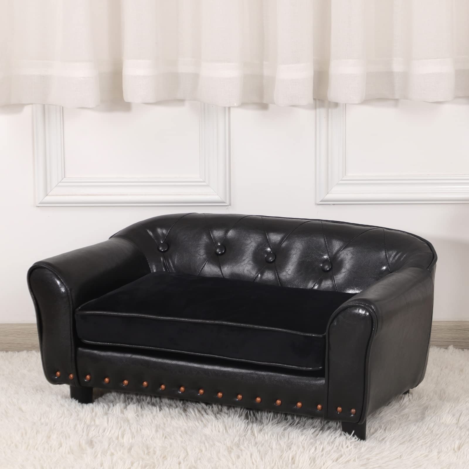 Premium Small Pet Couch Bed for Dogs & Cats - Wooden Frame with Copper Nails, Leather Fabric & Cushion - Cozy Sofa Chair for Puppies & Kittens - Perfect for Living Room, Bedroom or Pet Play Area (Black)