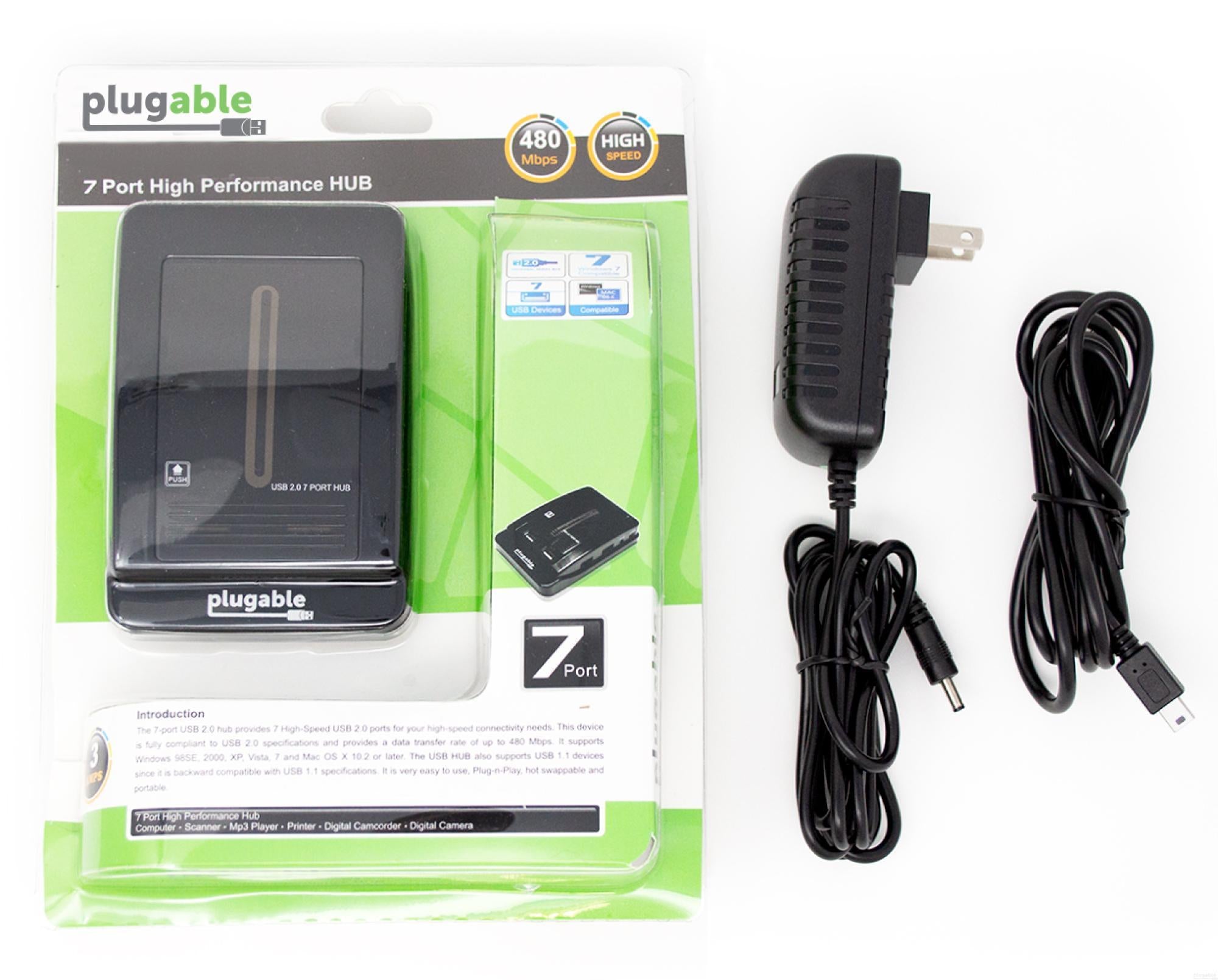 Plugable 7-Port USB 2.0 Hub with 15W Power Adapter - High-Speed Data Transfer for Laptop, PC, Mac - Perfect for Home Office, Gaming & Multi-Device Charging Station