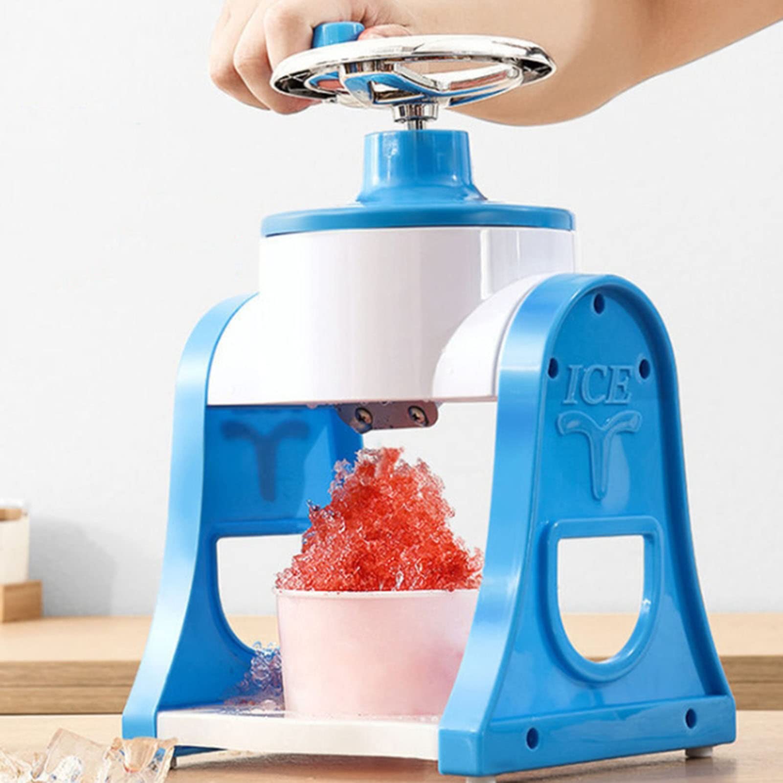 Manual Ice Crusher & Snow Cone Maker - Hand Crank Shaved Ice Machine for Cocktails, Slushies, Iced Coffee - Non-Electric Blue Ice Shaver - Perfect for Home Bars, Summer Parties & DIY Frozen Treats