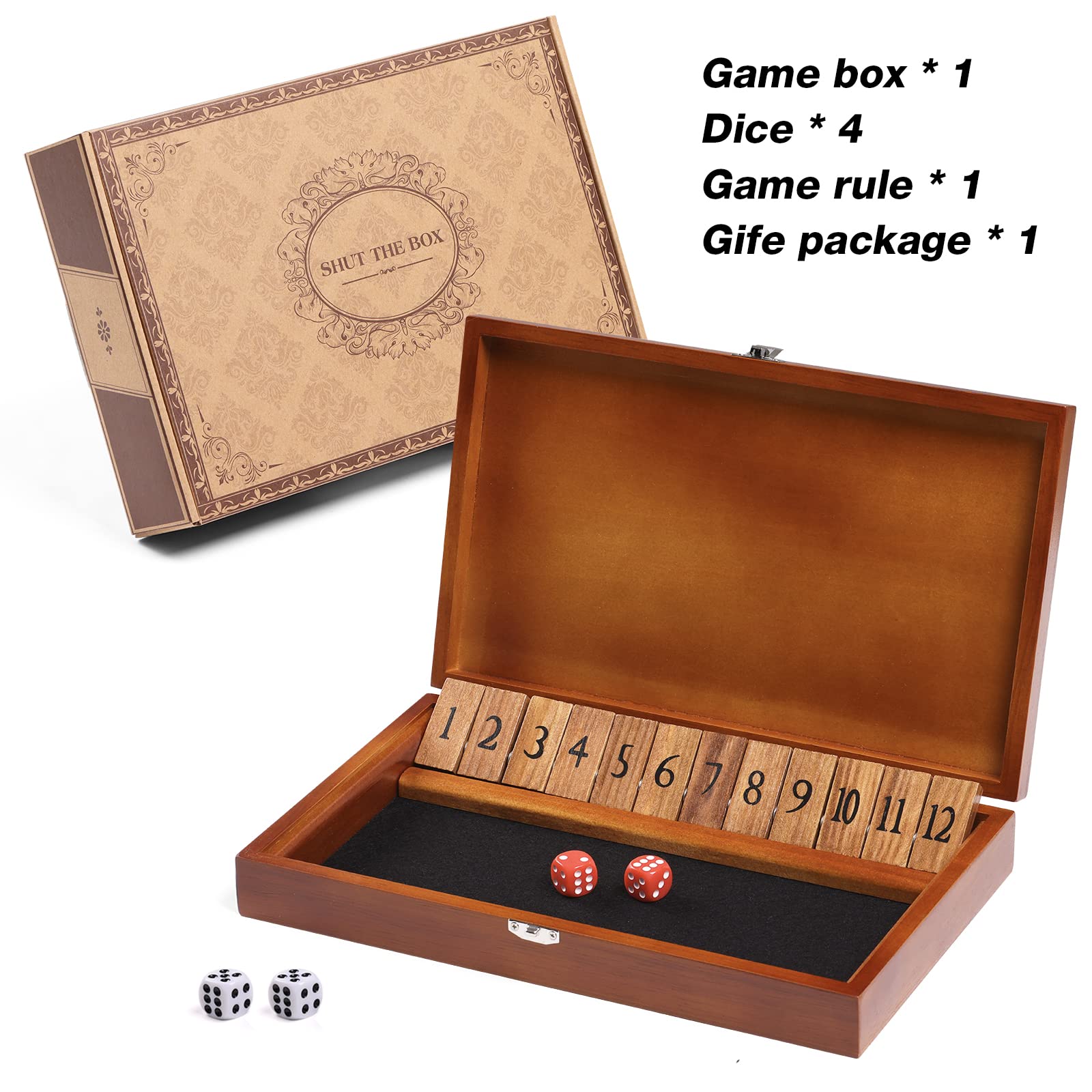 Shut The Box Dice Game - Wooden Classic Board Game with 12 Numbers, Lid & 4 Dice | Gift Ready with Rules | Fun for Kids, Adults & Family | Perfect for Classroom, Home, Parties & Pubs | Great for Math Learning, Family Game Night & Social Gatherings
