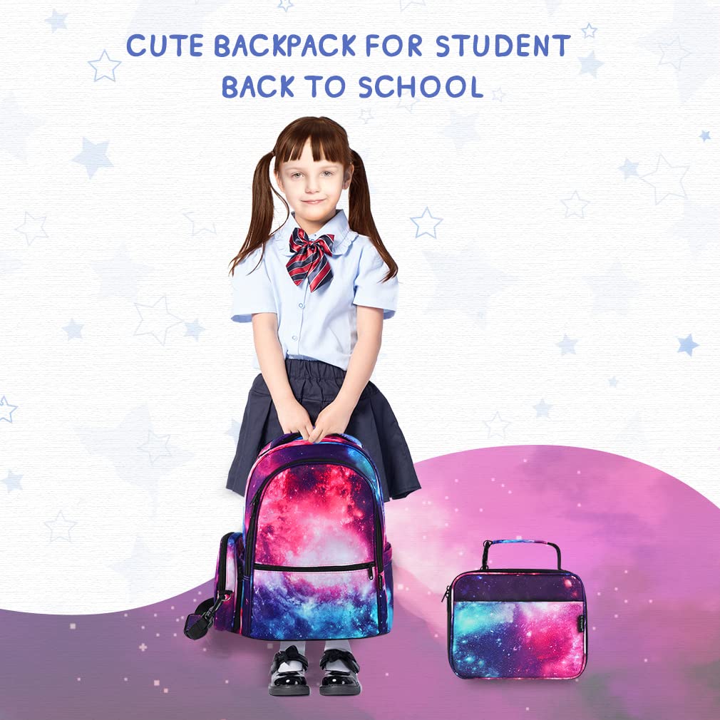 **E-Clover Galaxy Backpack for Girls & Kids - School Backpack with Lunch Box Set, Space Themed Purple Backpack for Elementary & Kindergarten - Perfect for School, Travel & Daily Use**
