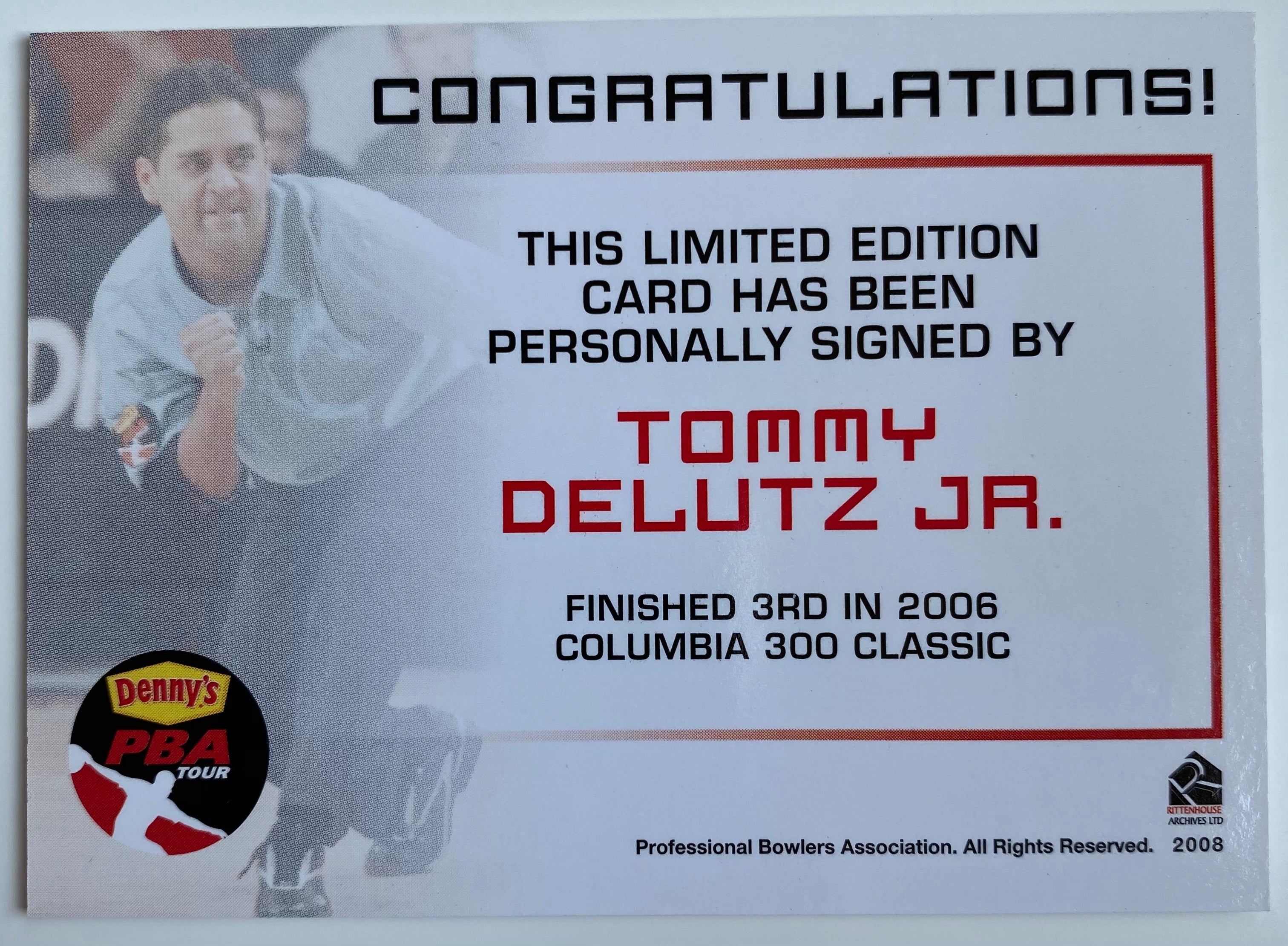 Tommy Delutz Jr. 2008 Rittenhouse PBA Autographed Bowling Trading Card - Perfect for Collectors and Bowling Enthusiasts