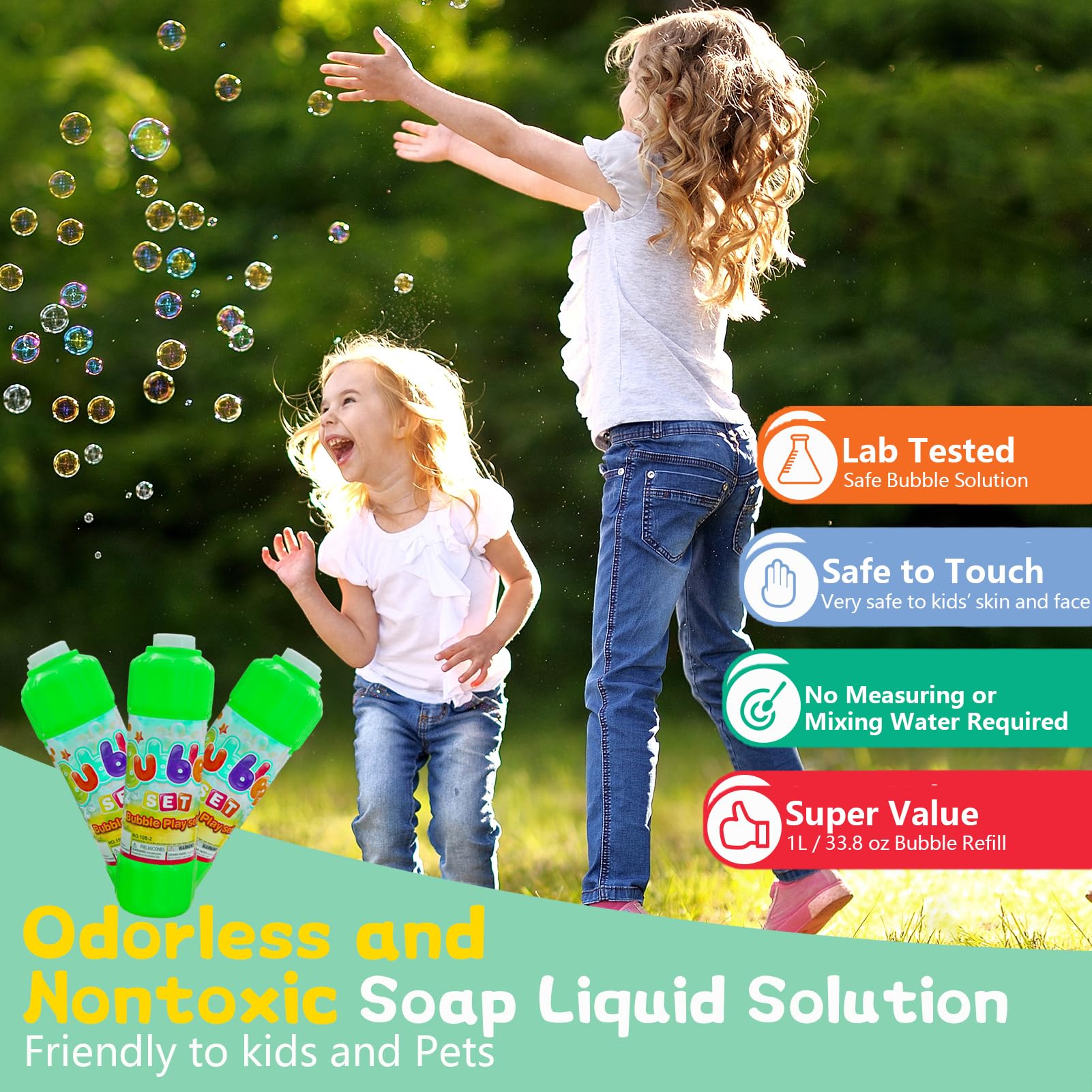 Premium Bubble Solution Refill - 1 Liter (33.8 oz) for Bubble Machines, Giant Wands & Blowers | Safe Non-Toxic Kids Bubbles for Toddlers, Boys & Girls | Perfect for Halloween Parties, Outdoor Play & Birthday Celebrations