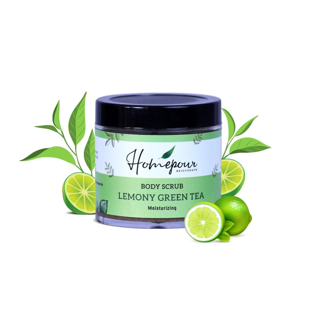 Homepour Lemony Green Tea Body Scrub – Exfoliating & Moisturizing, 100g - Handmade Natural Skincare for Dry Skin - Perfect for Shower & Spa Relaxation