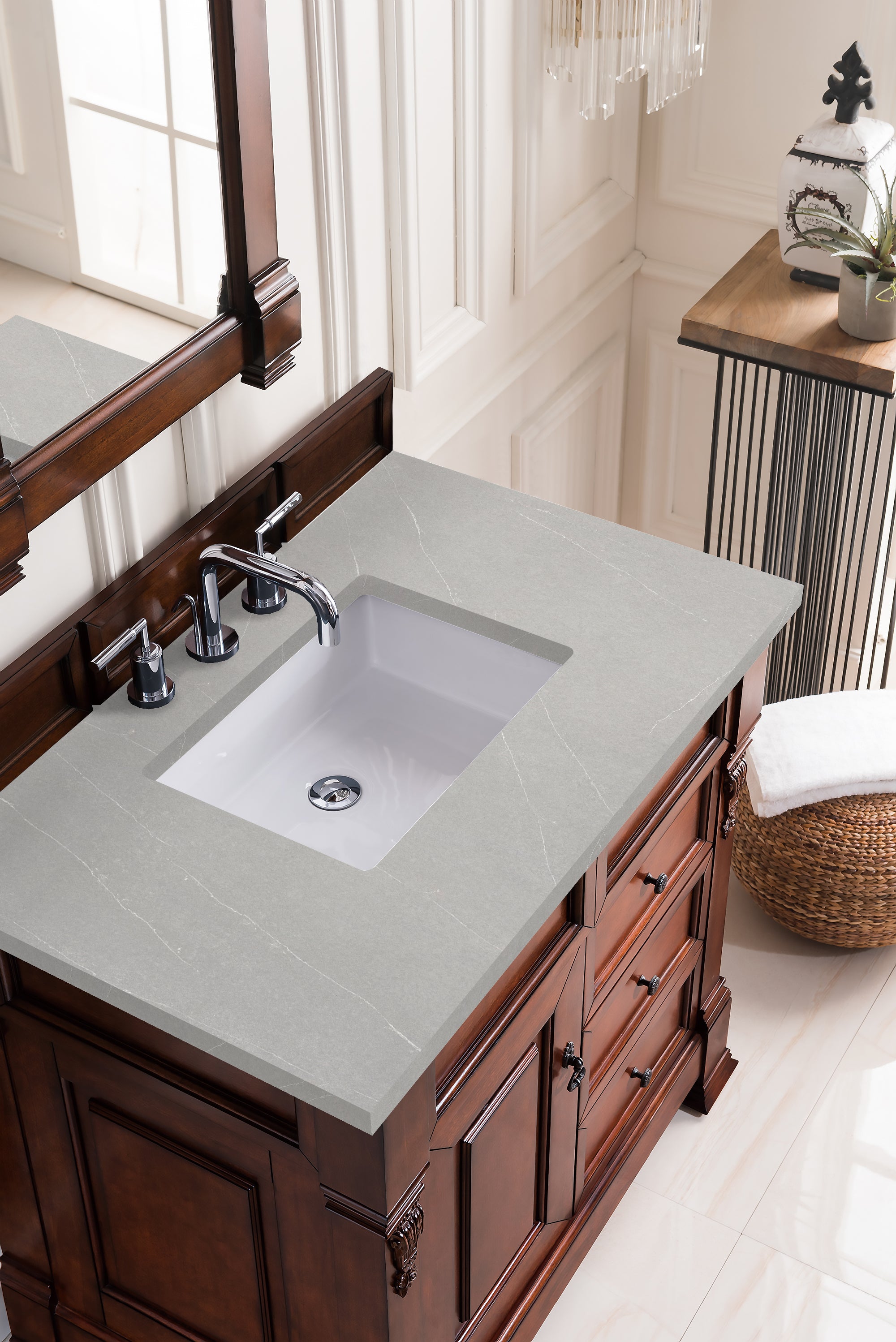 Brookfield 36 Inch Single Bathroom Vanity with Warm Cherry Finish & 3CM Eternal Serena Quartz Countertop - Perfect for Modern Master Bathrooms & Guest Suites