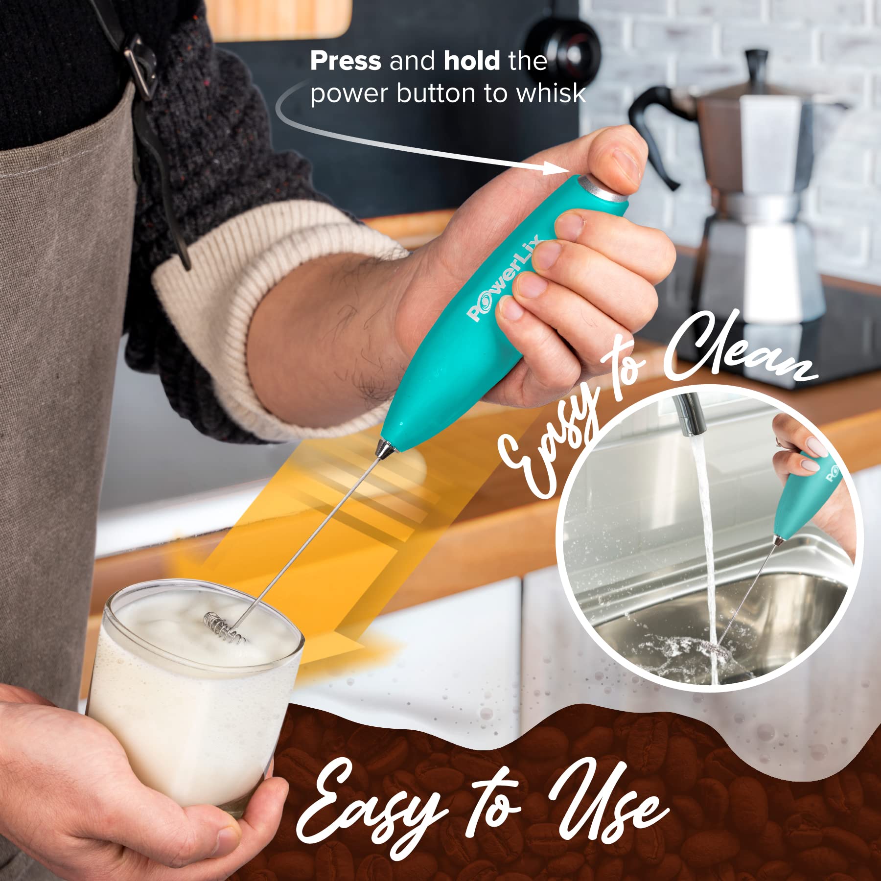 PowerLix Handheld Milk Frother - Battery Operated Foam Maker for Coffee, Latte & Cappuccino - Portable & Powerful Frothing Wand (Black) - Perfect for Home, Office & Travel Use