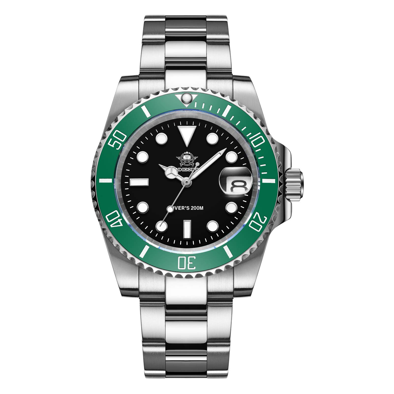 ADDIESDIVE Men's 200M Waterproof Quartz Diving Watch with Luminous Multicolor Dial & Stainless Steel Strap - Professional Scuba Diving, Swimming, Snorkeling & Outdoor Sports Accessory (Black/Blue/Green)