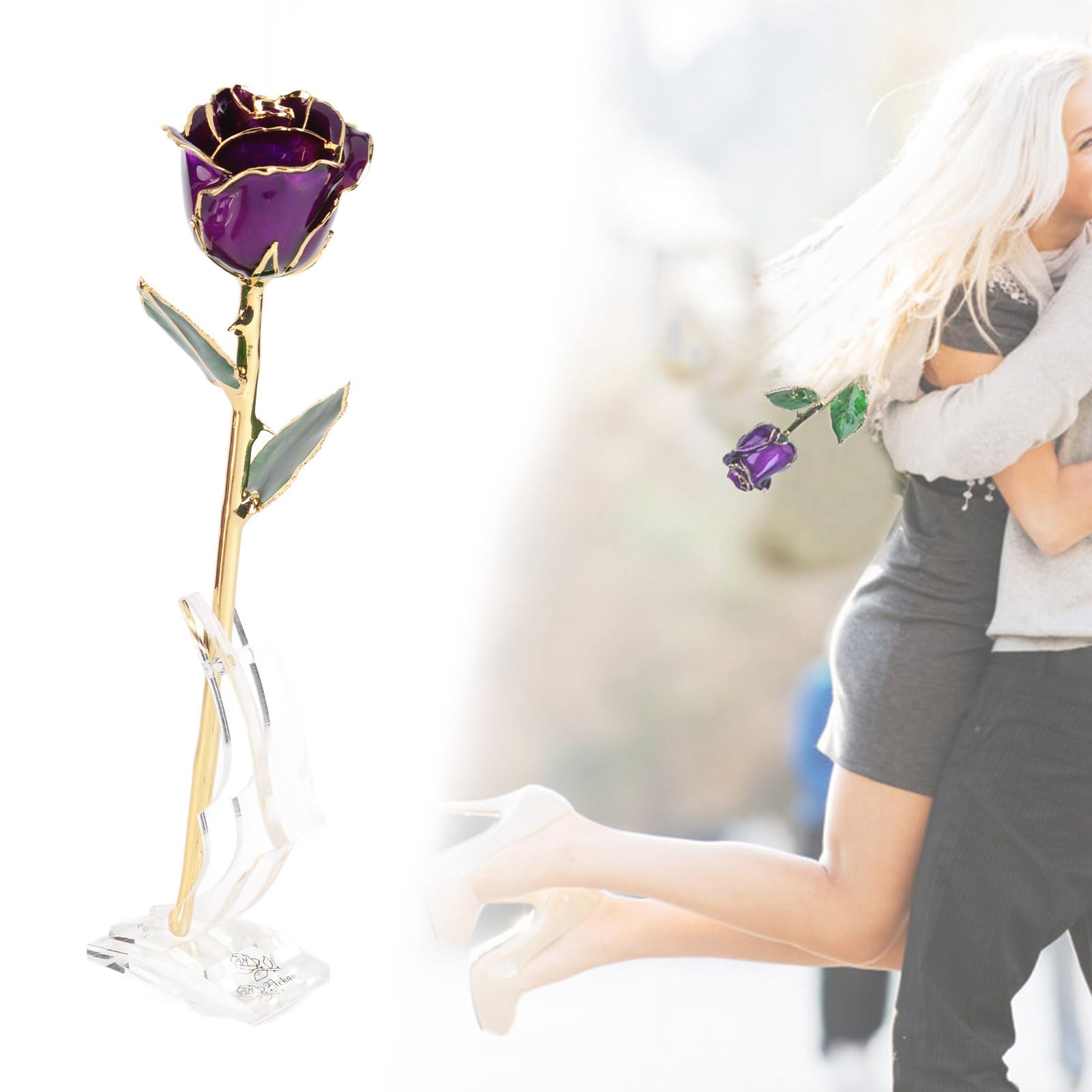 24K Gold Dipped Purple Preserved Rose in Glass Dome - Eternal Flower Gift for Wife, Mother, Girlfriend - Birthday, Christmas, Valentine's Day, Anniversary Present - Romantic Home Decor & Special Occasion Gift