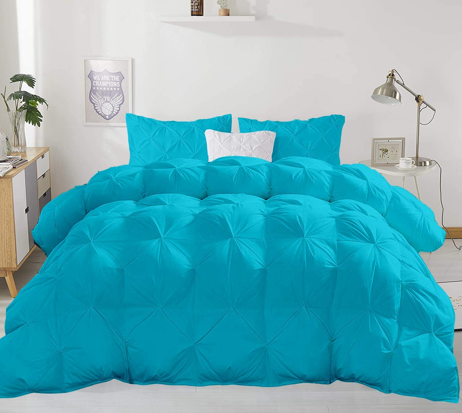600 GSM All-Season 3-Piece Quilted Pinch Pleated Comforter Set - 100% Cotton Fluffy Duvet Insert with 2 Pillowcases (Full/Queen, Turquoise Blue) | Ultra Soft Bedding for Cozy Winter Nights & Breathable Summer Comfort