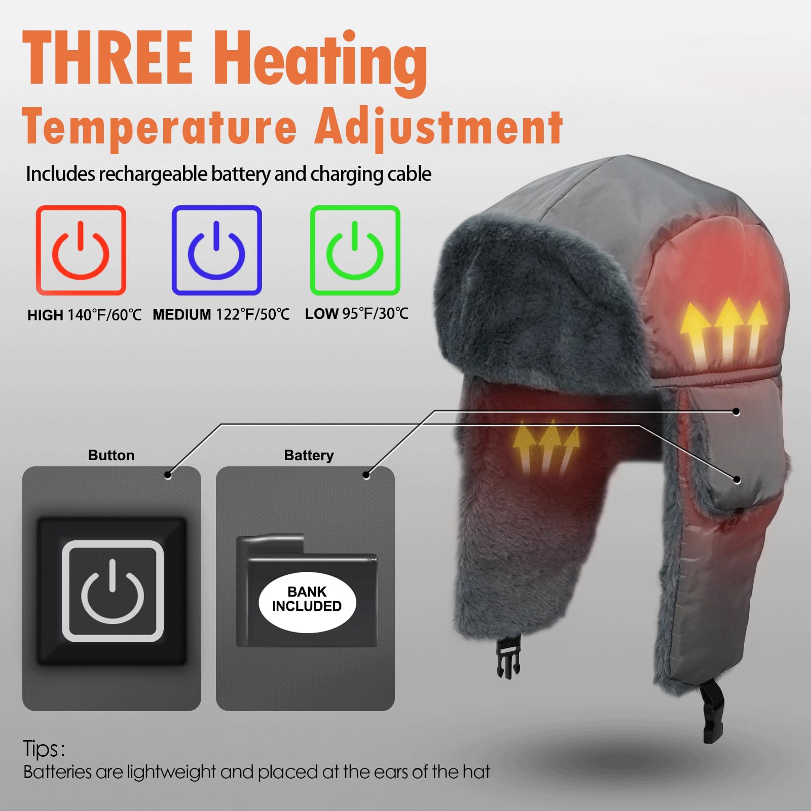 Heated Trapper Hat with 7.4V Rechargeable Battery - Warm Winter Hunting Hat for Men & Women - Faux Fur Lined Outdoor Hat for Cold Weather Activities