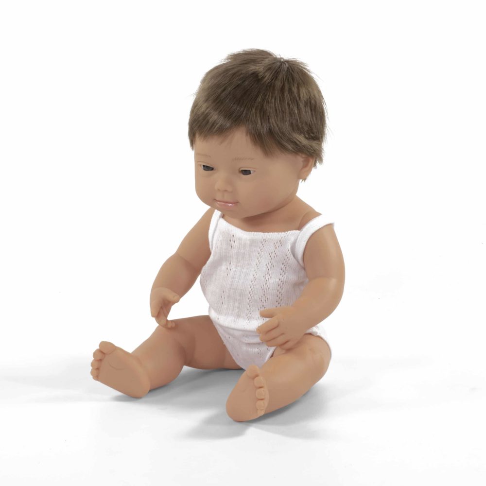 MINILAND Caucasian Boy Baby Doll with Down Syndrome - 38cm Realistic Doll for Kids, Special Needs Education & Inclusive Playtime