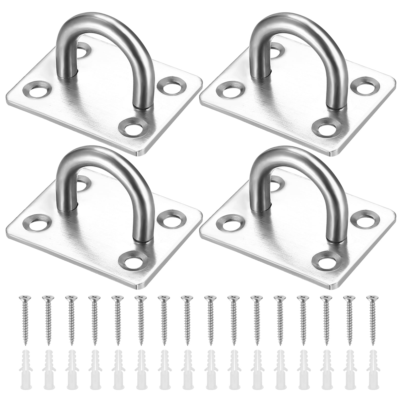 4-Pack Heavy Duty Square Pad Eye Plate U Hooks with Screws & Anchors - Wall & Ceiling Mounted Staple Ring Hooks for Yoga Swings, Hammocks, Suspension Hangers - Perfect for Home Gym, Outdoor & Indoor Hanging Solutions