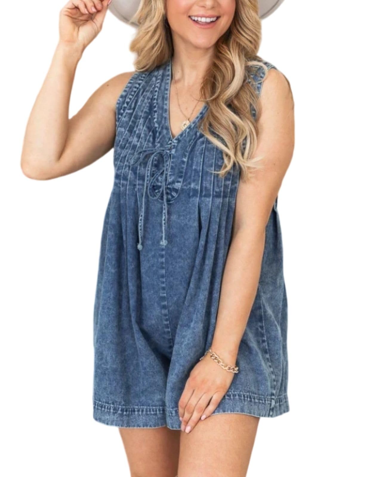 Happlan Women's Denim Pleated Romper Jumpsuit Overalls with Pockets - Casual Summer Outfit for Beach, Party & Streetwear Fashion