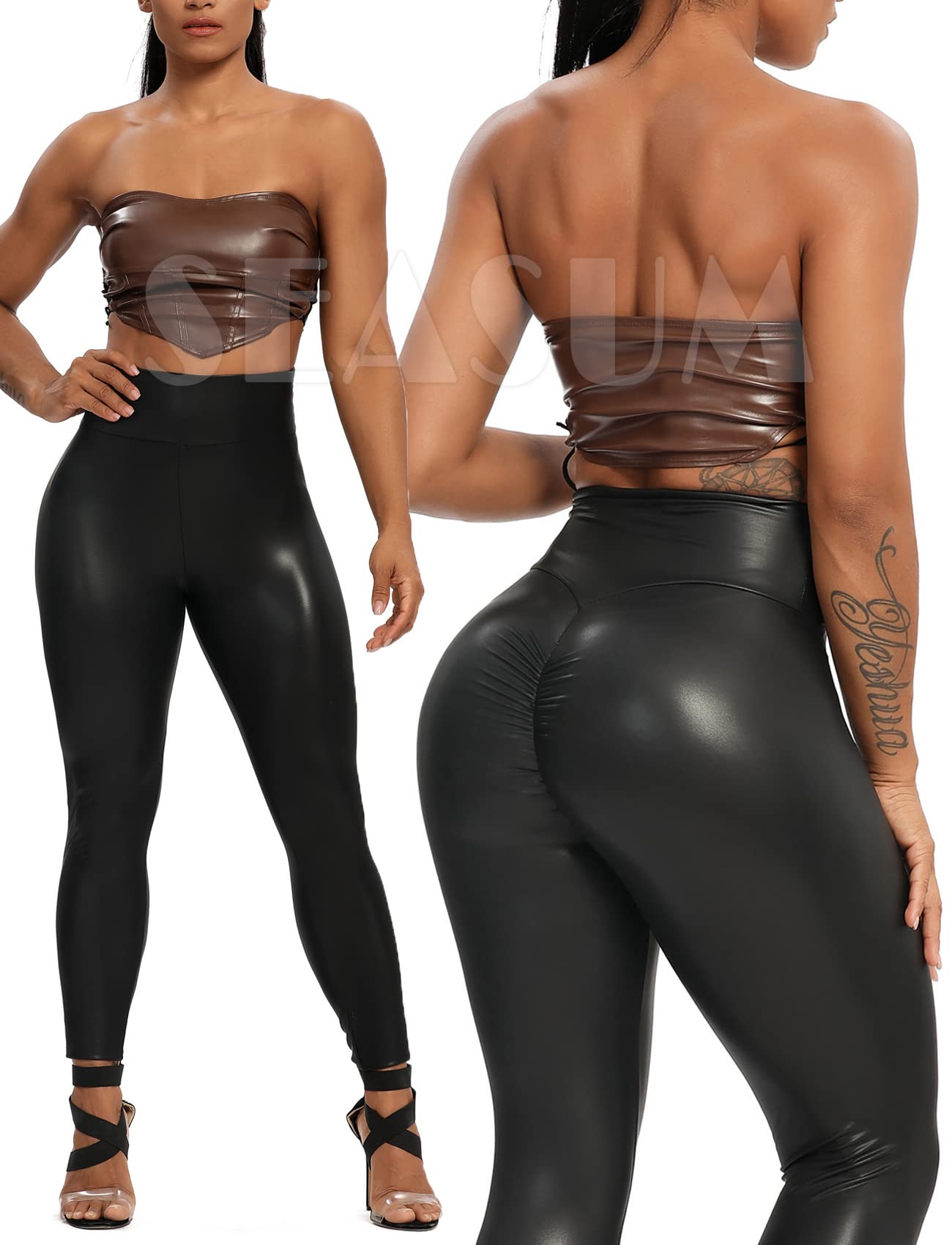 SEASUM Faux Leather Leggings for Women - High Waisted Butt Lifting Tights for Night Out