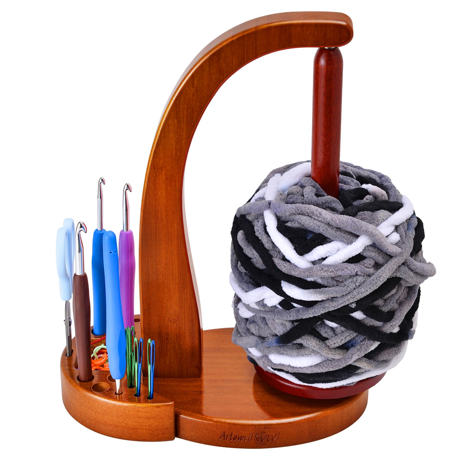 Premium ULOI Crochet Yarn Holder with Magnetic Storage Attachment - Wooden Knitting Accessories Organizer for Crocheting Projects (Mahogany Finish) | Perfect for Home Crafting, DIY Yarn Storage & Gift for Knitters