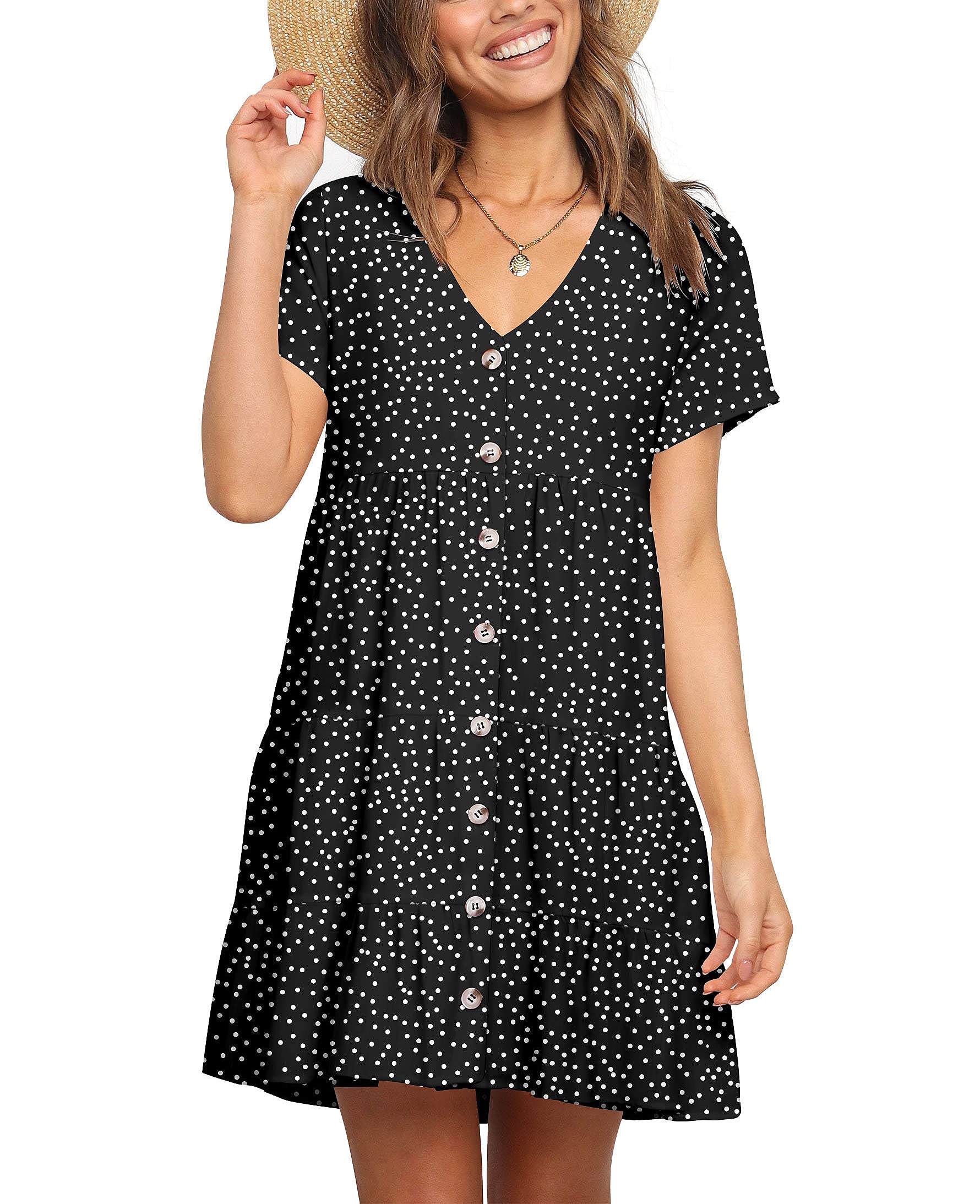 FOWSMON Women's Ruffle Short Sleeve V-Neck Swing Dress - Flowy Loose Printed Summer Dress for Beach, Vacation & Casual Outings