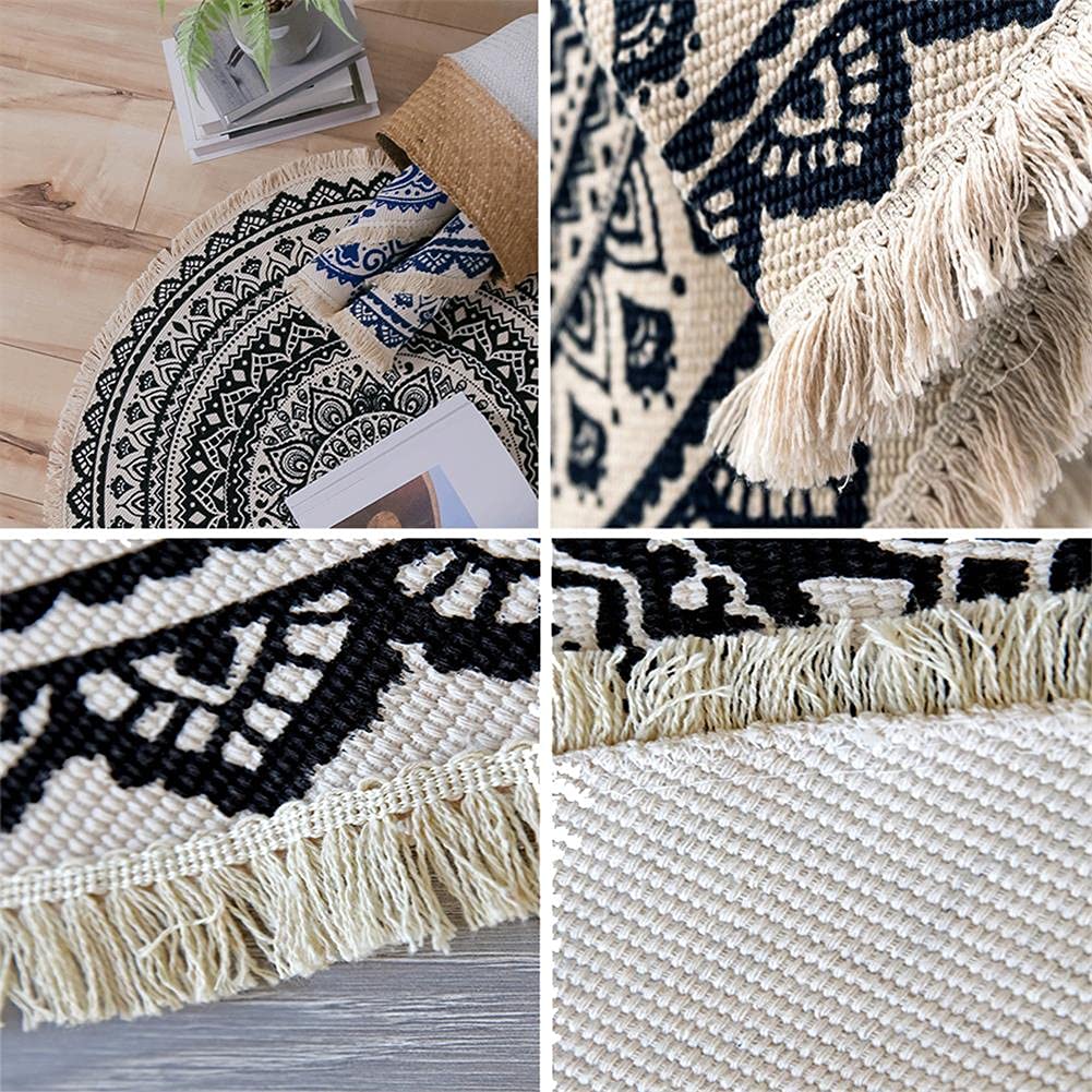 Bohemian Mandala Round Area Rug - 3 Feet Handwoven Cotton Circle Rug with Tassels for Bedroom, Nursery, Living Room & Play Area | Non-Slip Kids Room Carpet, Boho Home Decor Floor Mat