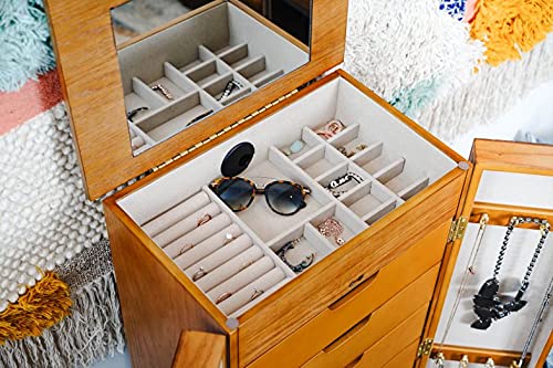 Walnut Jewelry Armoire with Mirror & Drawers - Organize Necklaces, Earrings & Bracelets for Bedroom