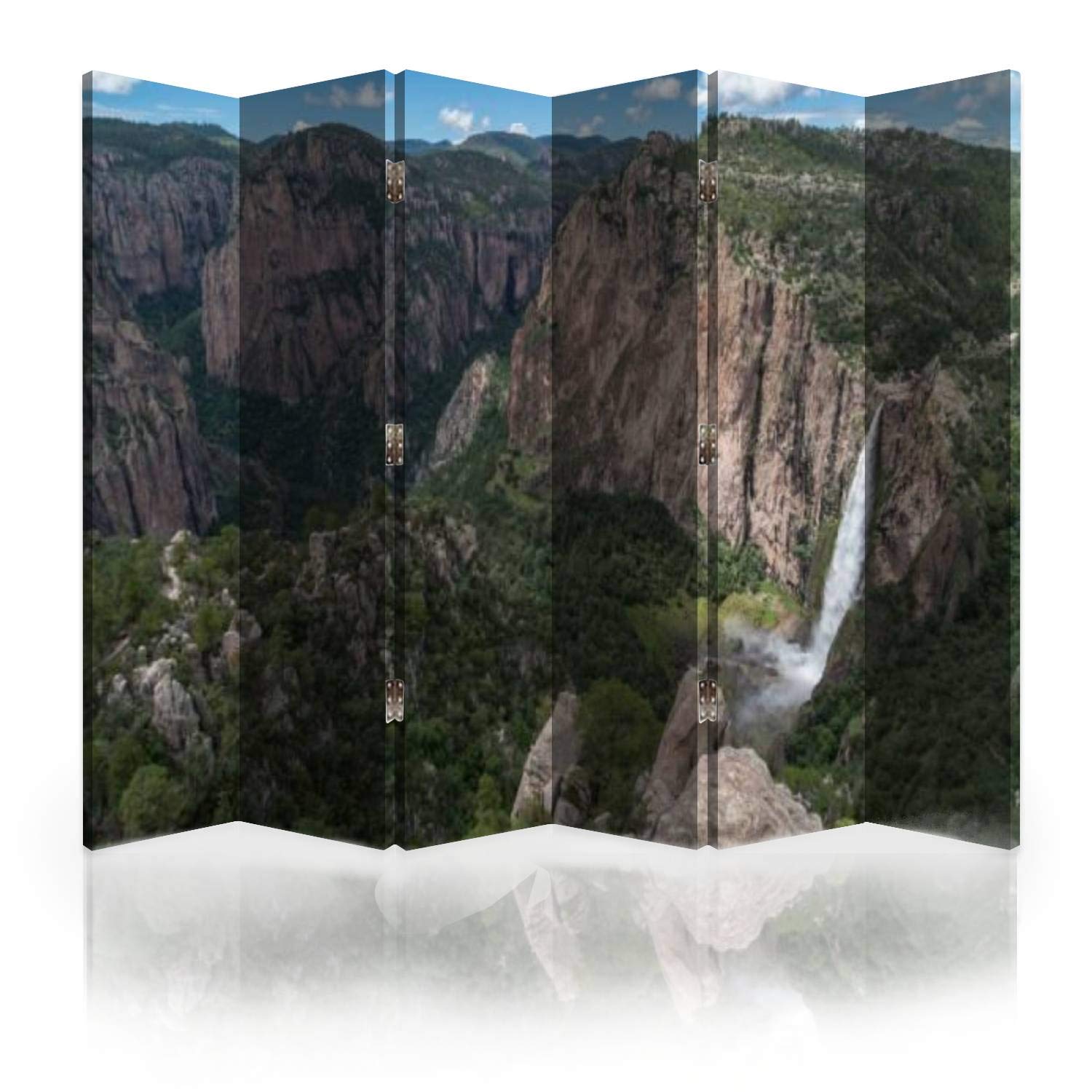 6-Panel Canvas Room Divider Screen - Handcrafted Copper Canyon & Basaseachi Waterfall Design | Folding Privacy Partition for Bedroom, Office & Living Space | Decorative Wall Separator for Home & Commercial Use