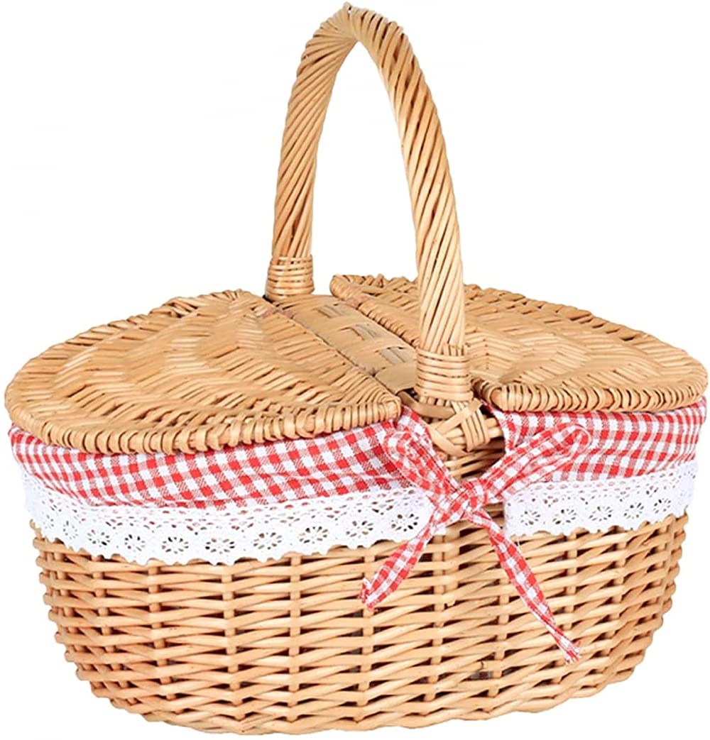 Handmade Wicker Picnic Basket with Double Lids & Handle - Easter Storage Basket, Camping Basket (Red, 38x29x18cm) - Perfect for Outdoor Picnics, Beach Trips & Holiday Gift Giving