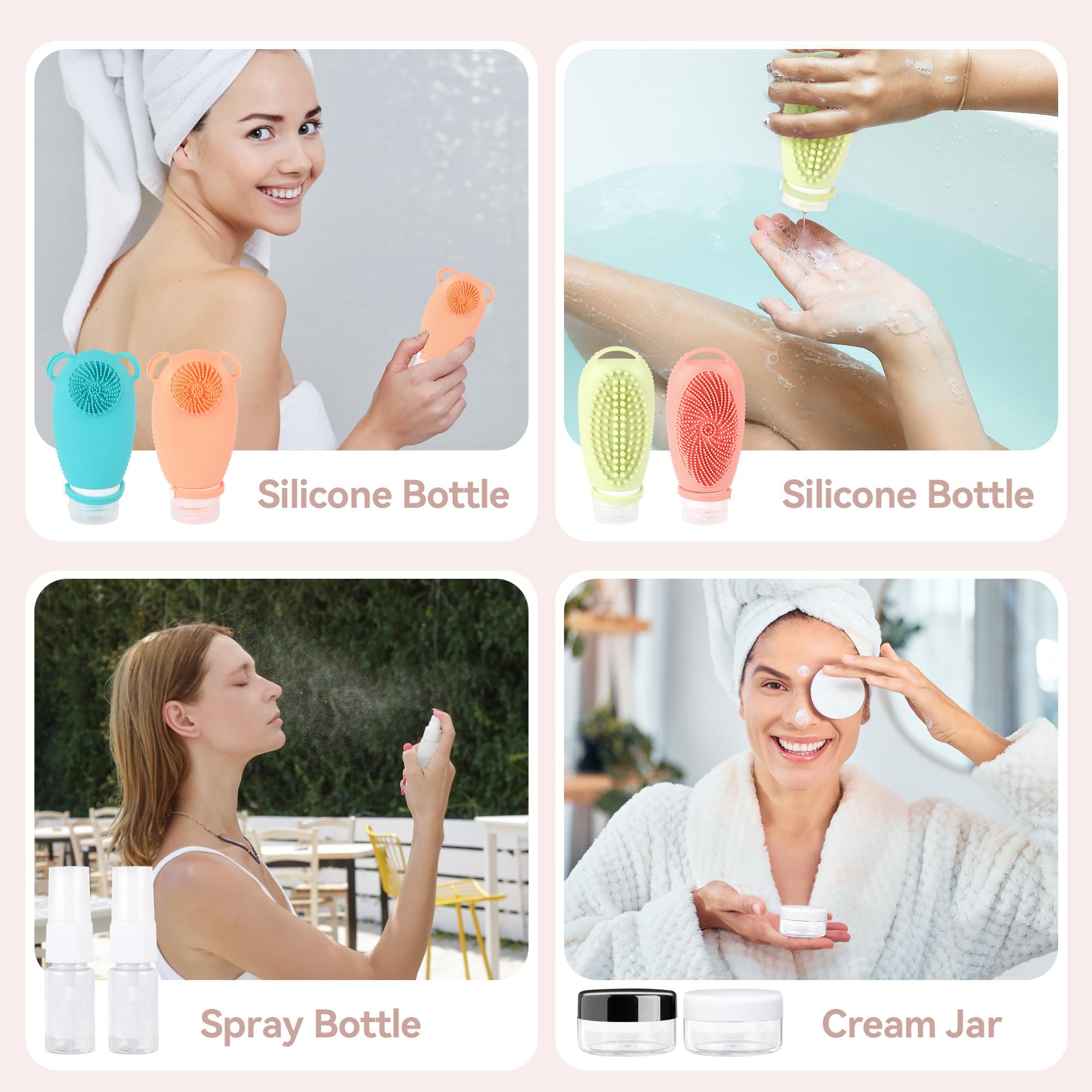 12PC Silicone Travel Bottles Set - TSA Approved Leakproof Toiletries Containers for Shampoo, Face Wash & Bath Essentials | Portable Squeeze Bottles with Massage Function for Vacation, Gym & Camping