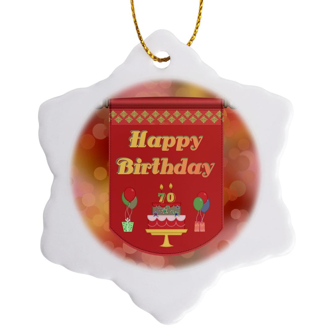 3dRose Happy 70th Birthday Banner - Decorative Cake with Gifts & Balloons Snowflake Ornament for Party Decorations, Milestone Celebrations & Winter Themed Events