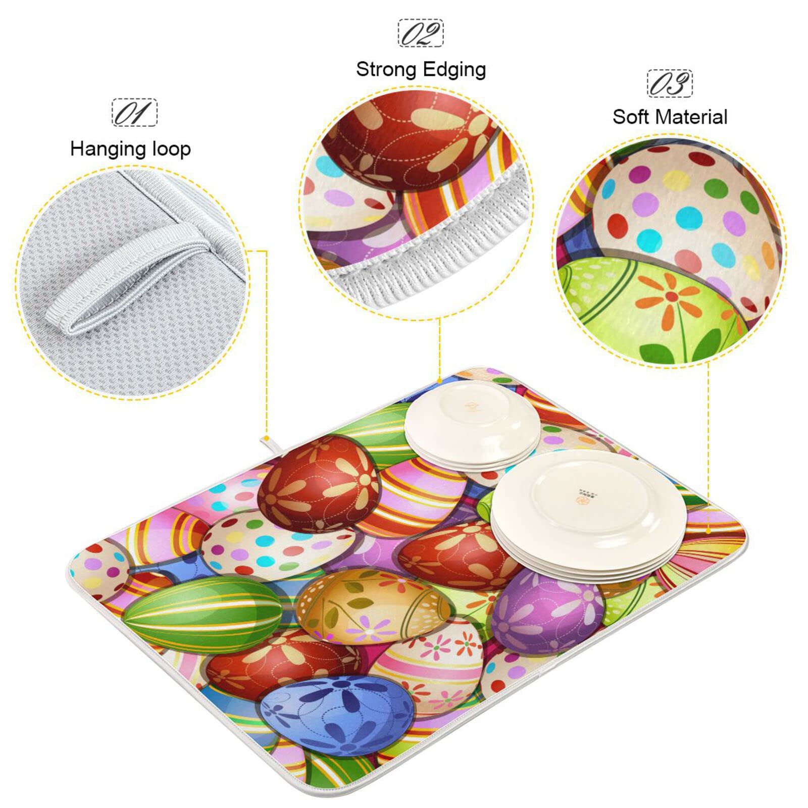 Easter Eggs Dish Drying Mat 18x24 Inch - Absorbent Kitchen Counter Protector for Spring Holiday Dishes | Perfect for Easter Decor & Kitchen Drainer Use