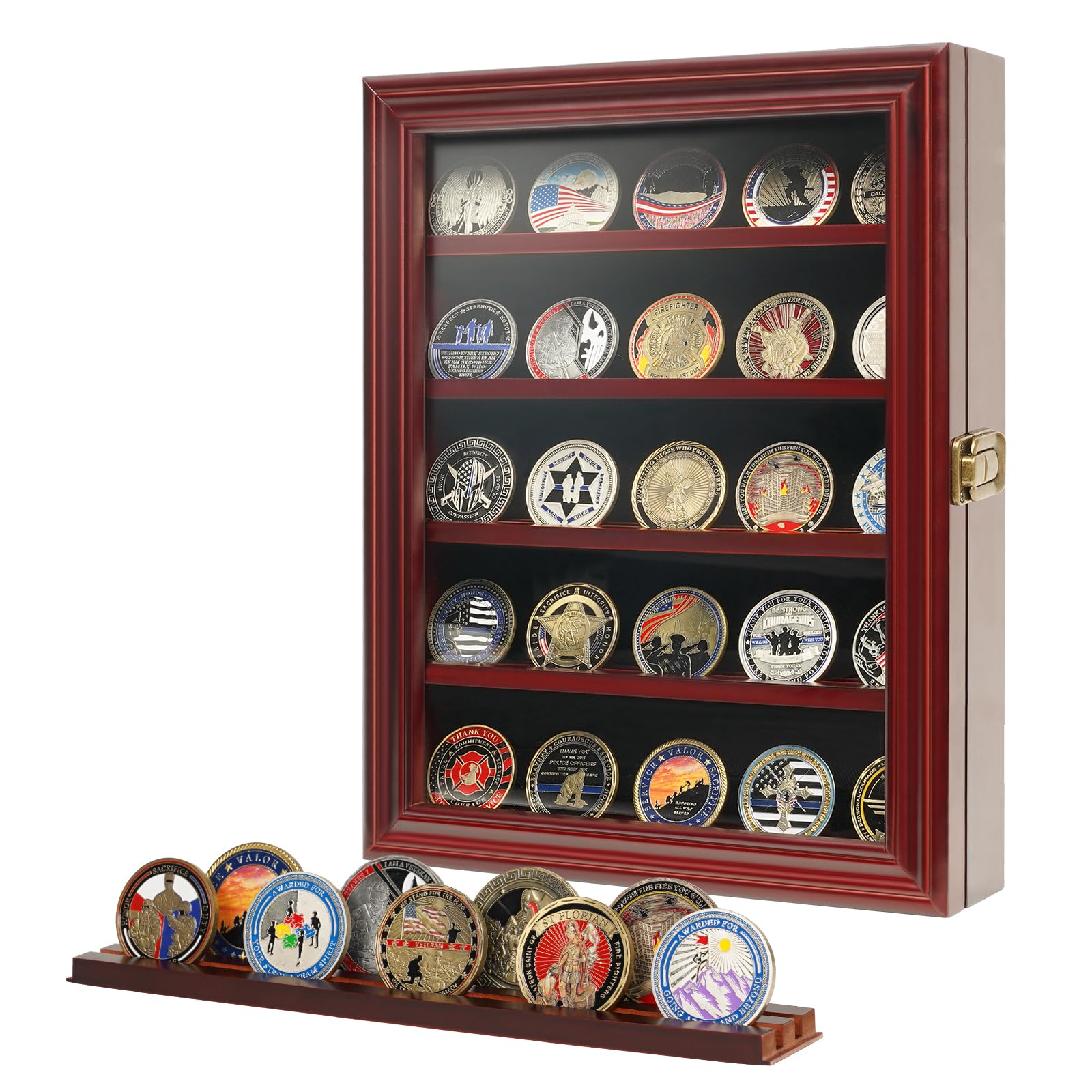 Premium Wooden Challenge Coin Holder Display Case with HD Tempered Glass - 5 Row Medal Shadow Box with Removable 2-Groove Shelves - Poker Chip Rack for Collectors - Wall Mountable or Tabletop Display - Mahogany Finish - Perfect for Military, Police, Firefighter Collections & Home Office Decor