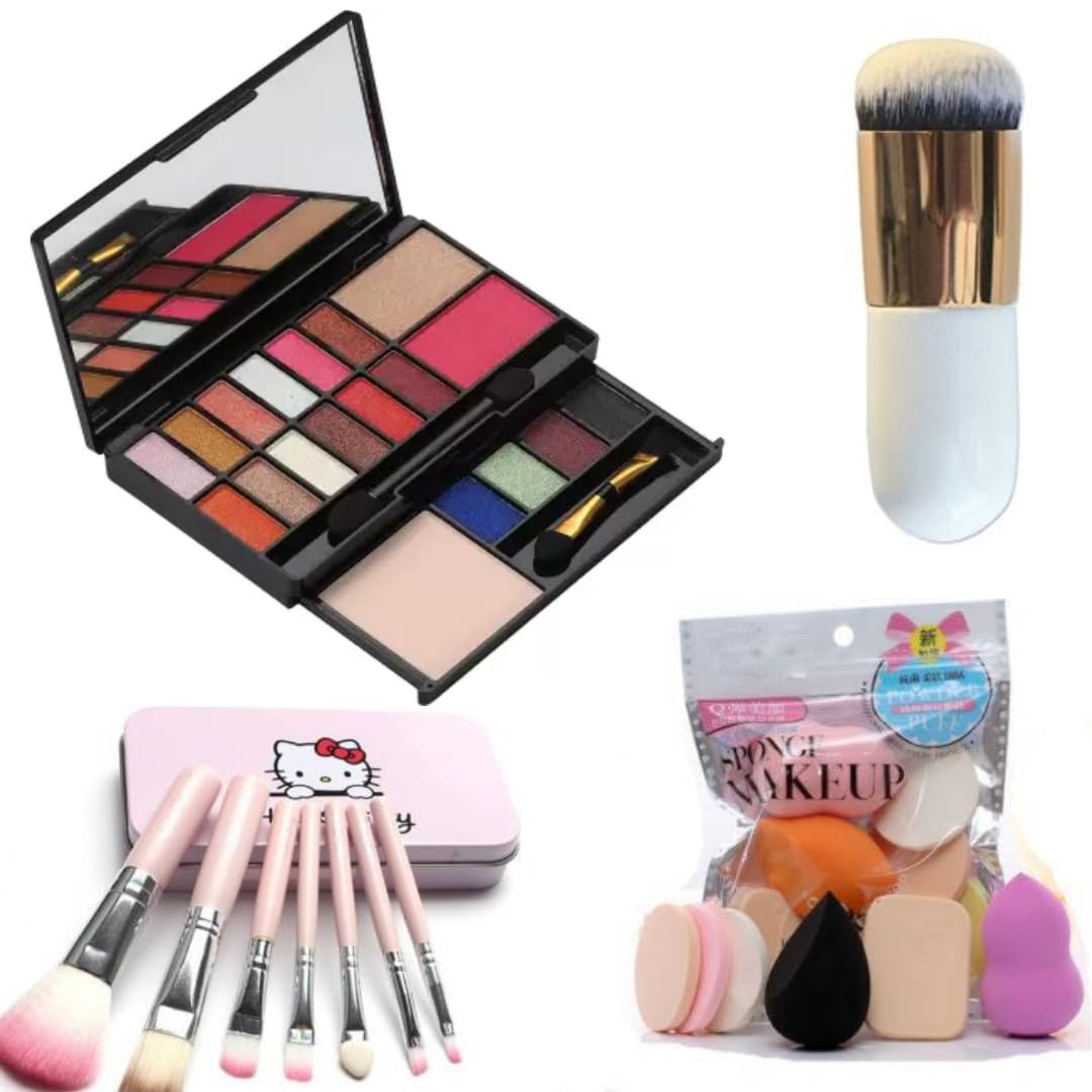 Professional Multicolor Eye Makeup Kit with Foundation Brush & 6-in-1 Puff Set - Complete Cosmetic Brush Collection for Daily Makeup, Party Looks & Professional Beauty Application
