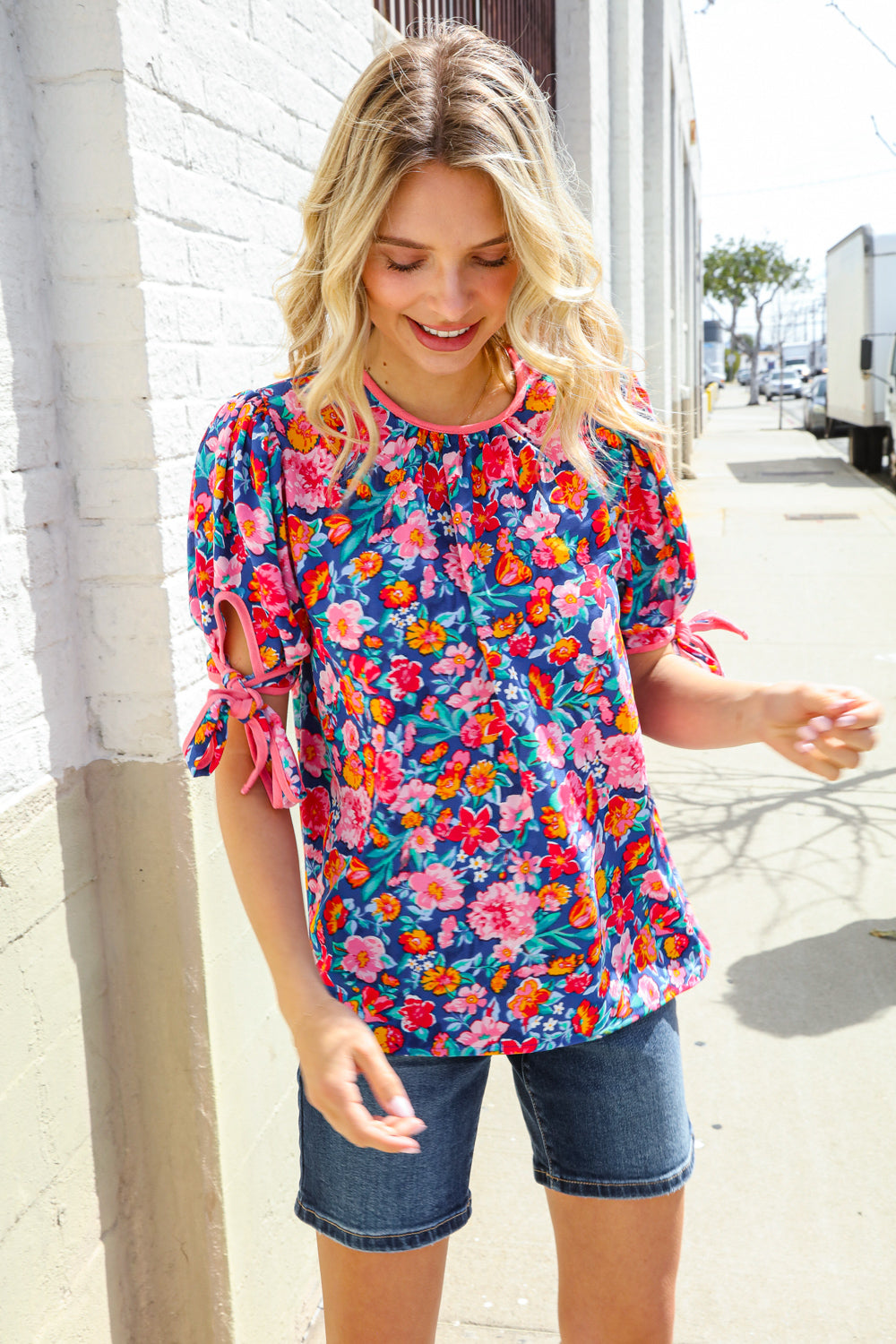 Elegant Navy Floral Print Ribbon Bow Tie Blouse for Women | Office Wear & Special Occasion Outfit