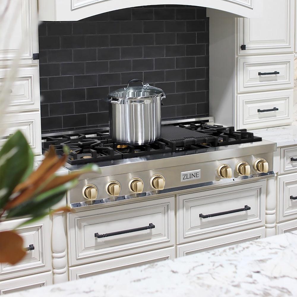 ZLINE RTZ 48 G 48-Inch Professional Gas Rangetop with 7 Burners - Stainless Steel with Polished Gold Accents - Commercial Style Porcelain Cooktop for Home Chefs & Gourmet Cooking - Perfect for Large Kitchens & Entertaining