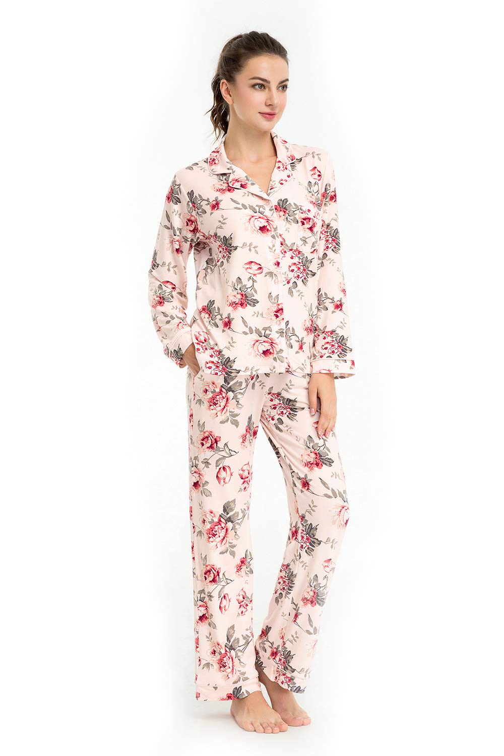Women's Floral Pajama Set - Soft Long Sleeve Sleepwear with Pockets for Lounge & Sleep