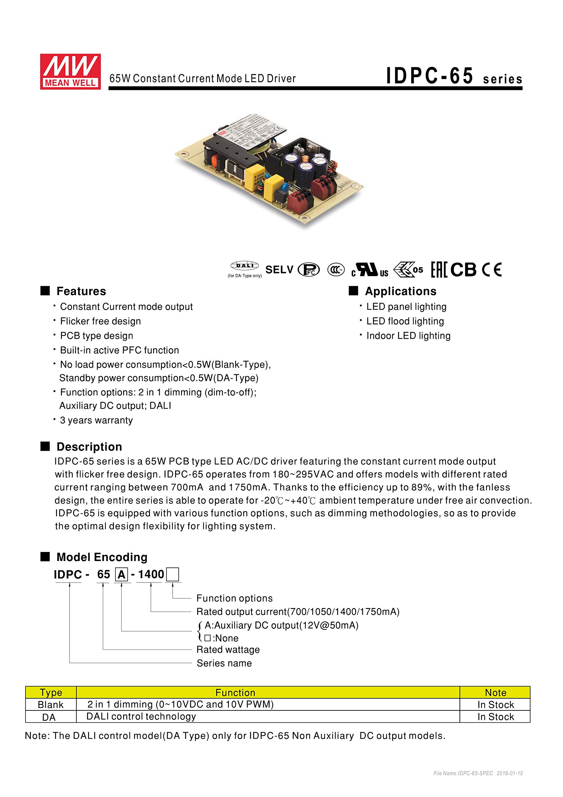 Original MW Mean Well IDPC-65-700 LED Driver 65.1W 118V 700mA Constant Current - Perfect for Indoor/Outdoor LED Lighting, Signage & Commercial Displays