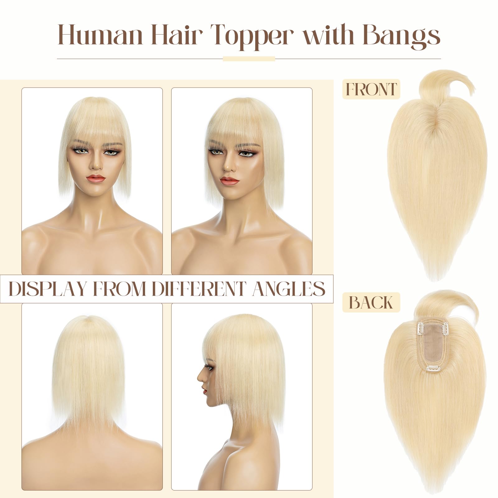 100% Real Human Hair Toppers for Women | Clip-In Hairpiece with Bangs | Handmade Middle Part Topper for Thinning Hair | #613 Bleach Blonde 10'' 33g | Perfect for Daily Wear, Parties & Special Occasions