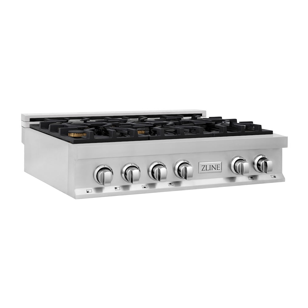 ZLINE 36 Inch Stainless Steel Gas Rangetop with 6 Brass Burners & Porcelain Cooktop - Professional Kitchen Range for Home Chefs & Cooking Enthusiasts | Perfect for Gourmet Meals, Holiday Cooking & Large Family Gatherings