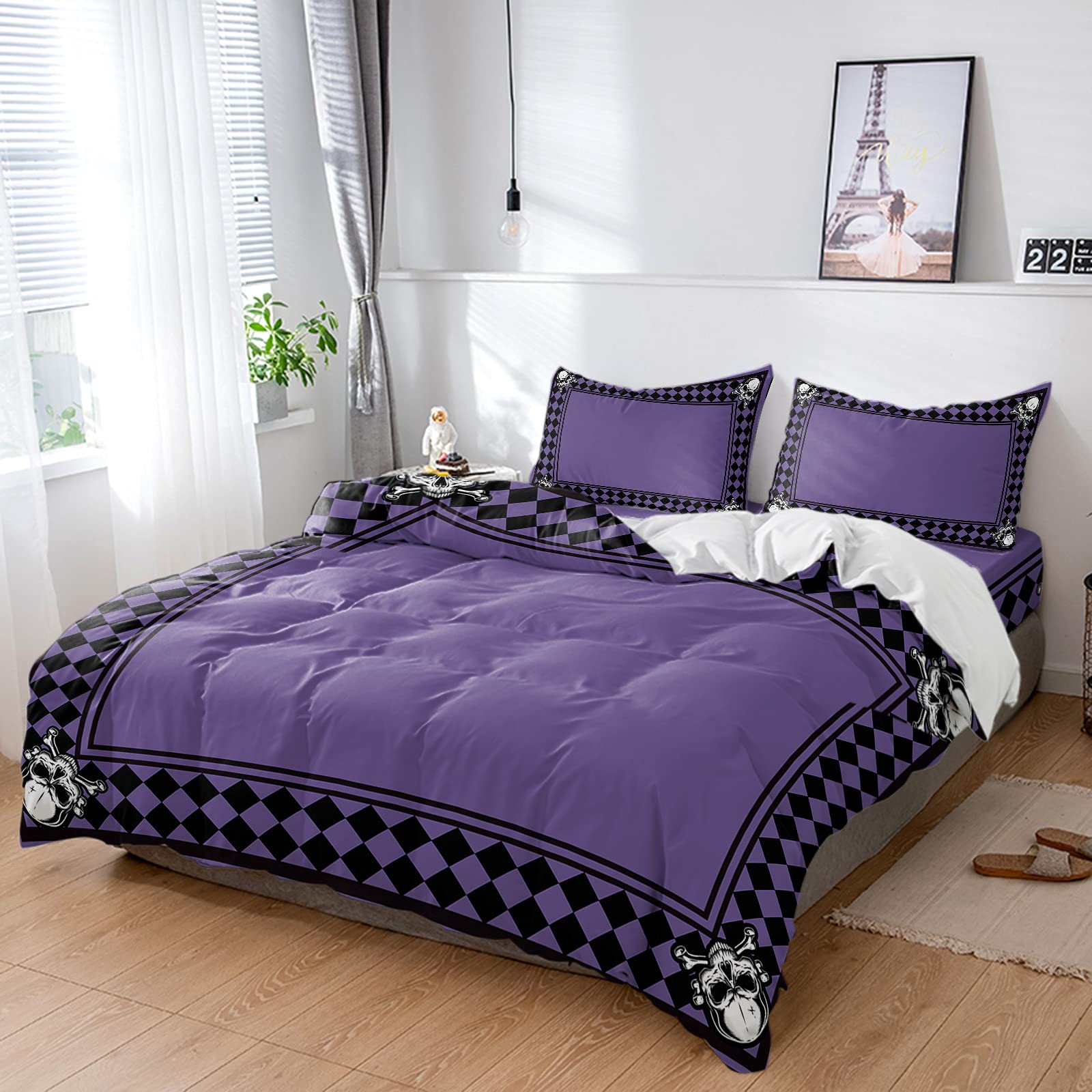 **Scary Halloween Twin Duvet Cover Set - 4 Piece Black Diamond Plaid Skull Design, Lightweight Microfiber Bedding with Pillowcases (Purple) - Perfect for Spooky Bedroom Decor & Themed Parties**