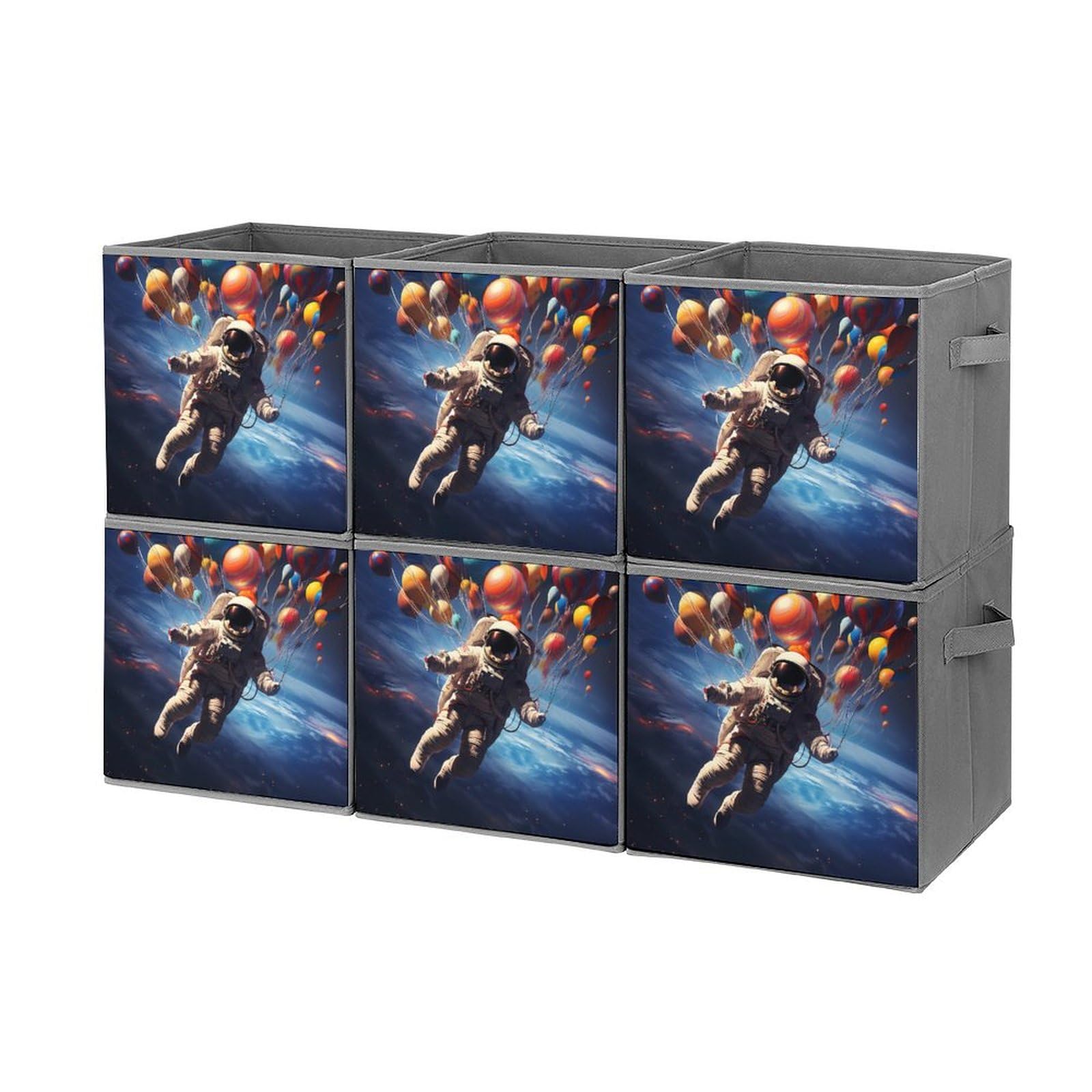 6-Pack Foldable Storage Cubes with Handles - Space Astronaut Themed Square Organizer Bins for Closet, Nursery, Kids Room & Office Organization
