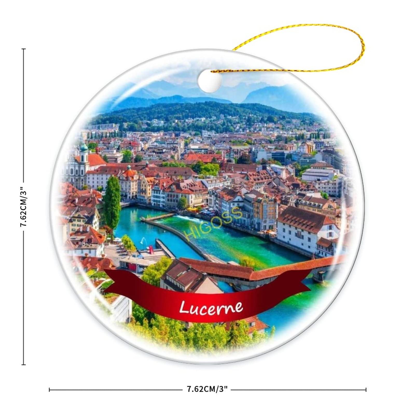 Lucerne Switzerland Christmas Tree Ornament - 3 Inch Double-Sided Porcelain Ceramic Holiday Decoration for Xmas Tree, Home, Office & Gift Giving