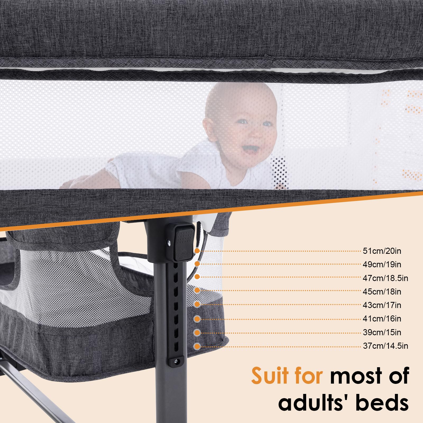 3 in 1 Baby Crib Bedside Sleeper, Adjustable Portable Bassinet for Newborn & Infant - Deep Grey | Perfect for Co-Sleeping, Nursery & Travel