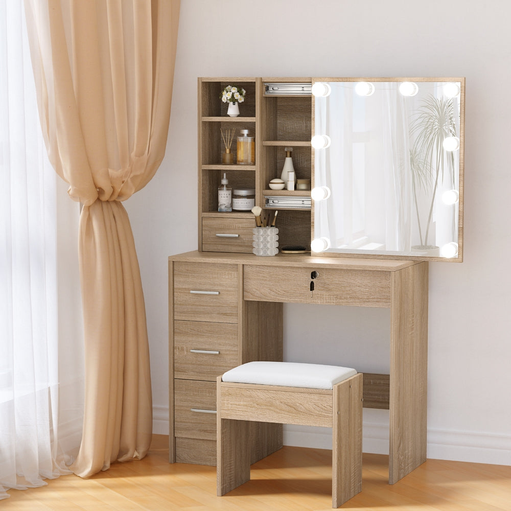 Vanity Dressing Table Set with Stool & 10 LED Bulbs - Wooden Makeup Desk for Bedroom, Boudoir, and Beauty Salon | Perfect for Makeup Application, Hair Styling & Home Decor