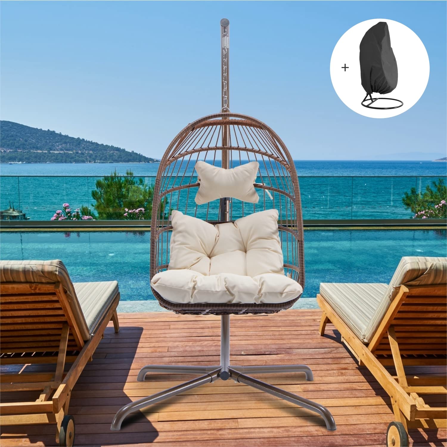Indoor/Outdoor Hanging Egg Chair with Stand - Wicker Swing Chair with Soft Deep Cushion & Cover - Relaxing Basket Chair for Patio, Garden, or Living Room (Brown)