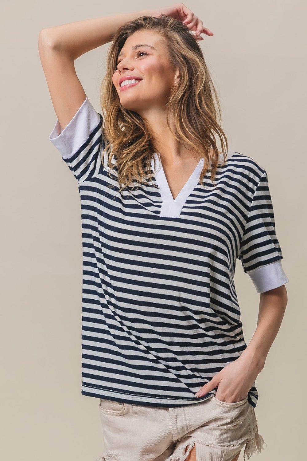 Stylish BiBi Contrast Striped Notched Knit Top for Women | Trendy Casual & Office Wear | Perfect for Layering, Date Nights & Fall Outfits